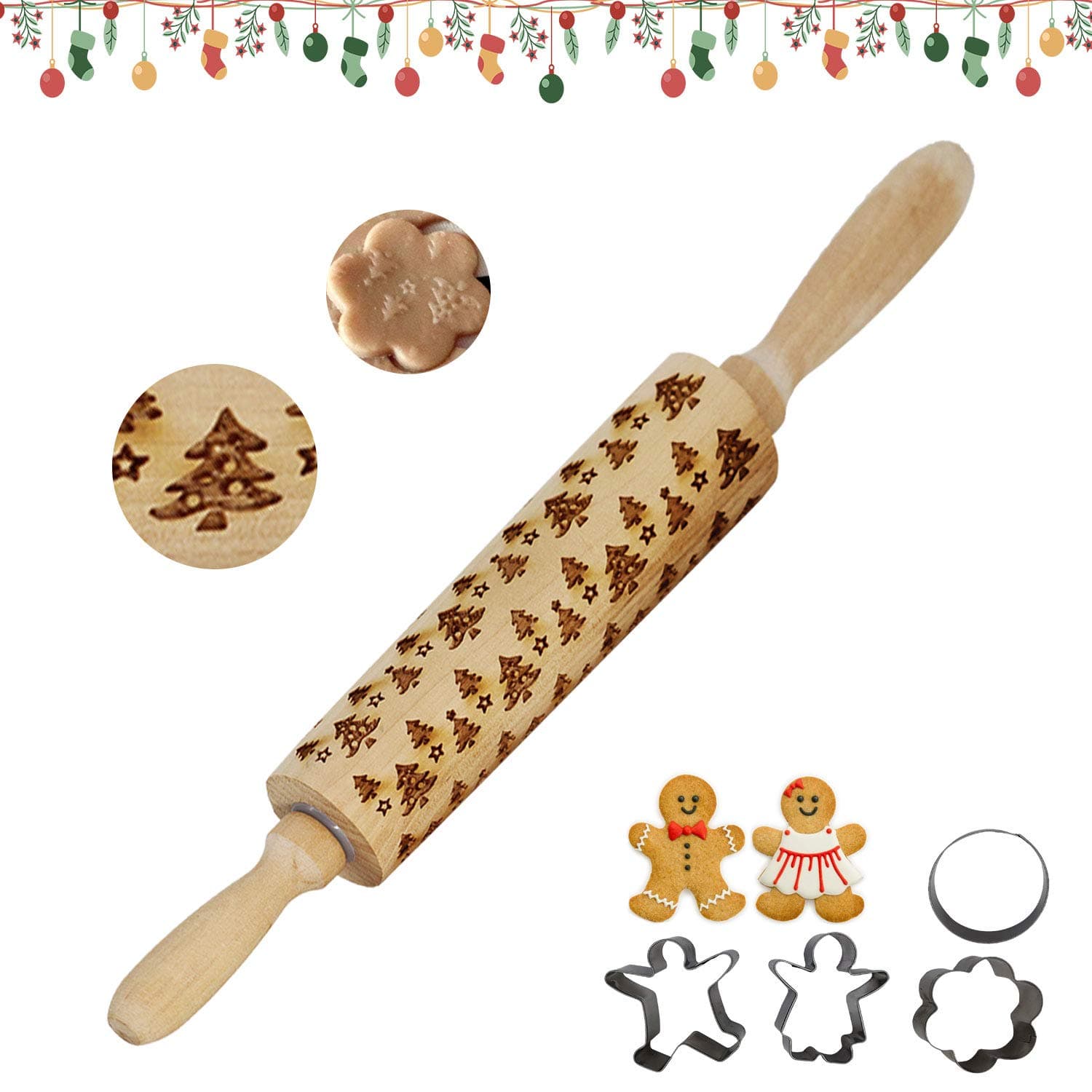 Embossed Rolling Pins with Design Christmas 3d Rolling Pin Wooden Decorative Rolling Pins for Baking Cookies Pastry
