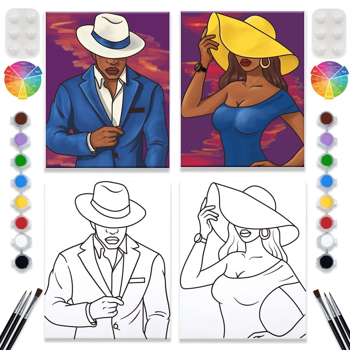 2 Pack Paint and Sip Canvas Painting Kit - 8x10 Pre Drawn Stretched Canvas for Adults - Couples Games, Date Night, Gentleman and Lady Paint Party, Anniversary, Valentines