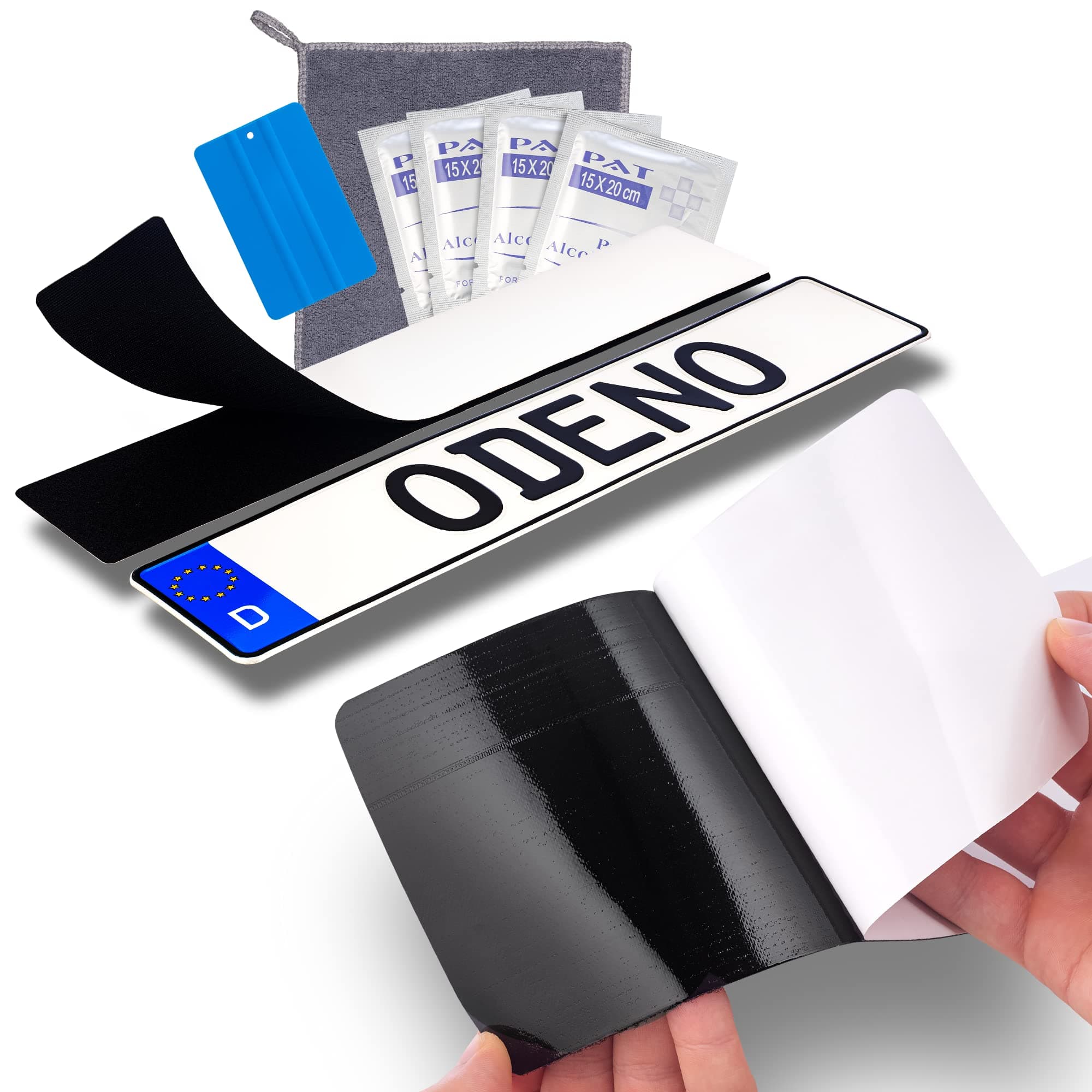 Odeno® Velcro Number Plate Holder Set, Frameless, Self-Adhesive, Number Plate Holder for Any Car, Extremely Strong, Weatherproof Adhesive and Velcro Fastener