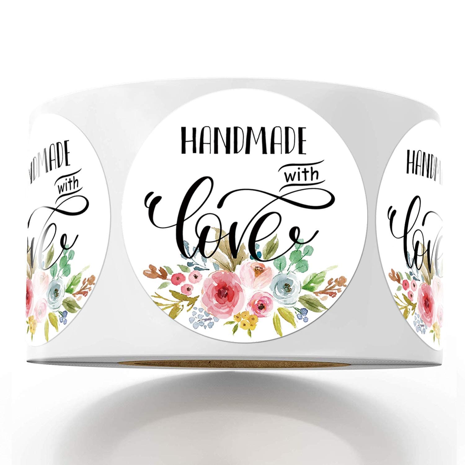 Mr.Mug Floral Handmade with Love Stickers, 1.4 Inches Round Total 500 Adhesive Labels Per Roll (1 Roll), Handmade Packaging, Homemade with Love Stickers, Baked with Love Stickers