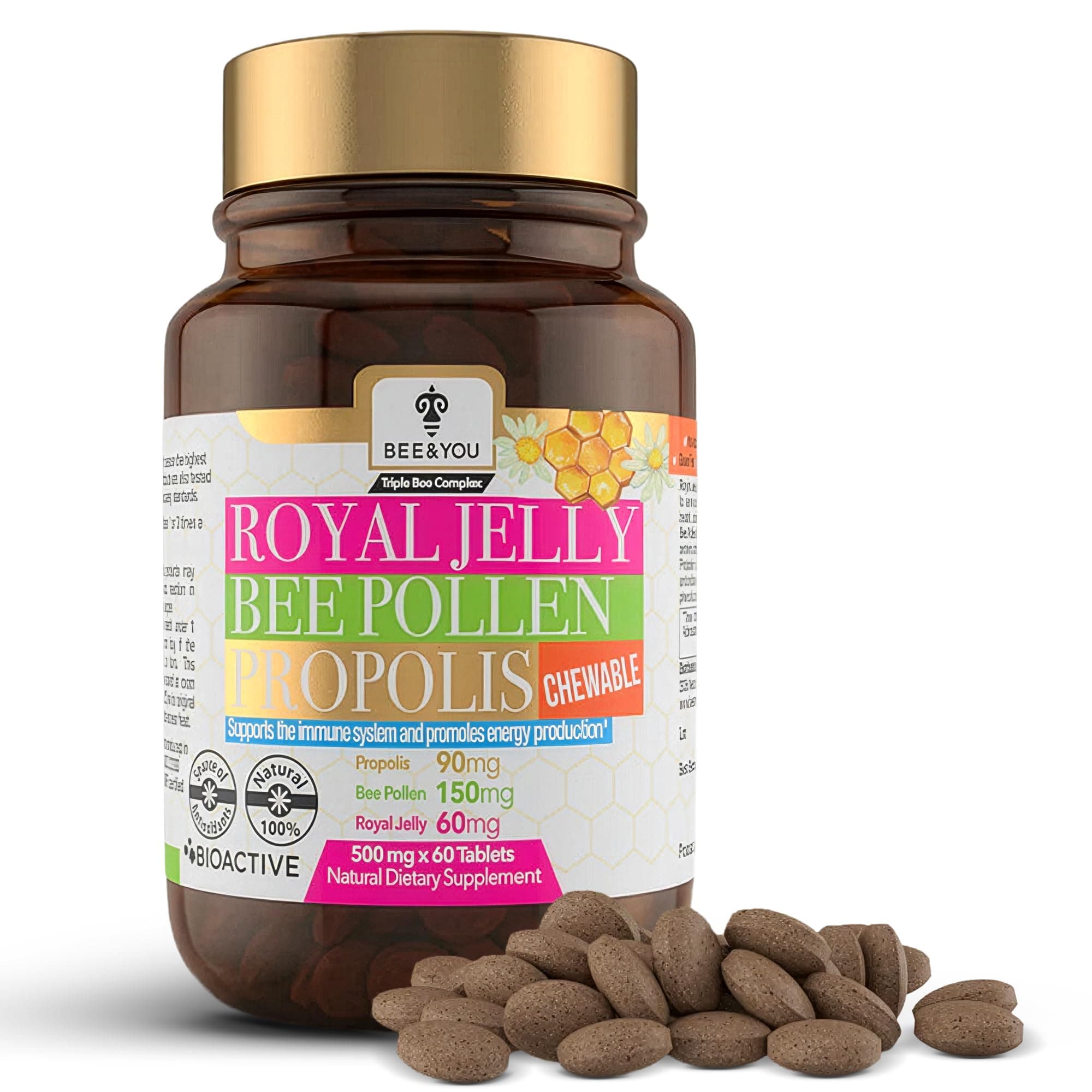 Bee and You Chewable Royal Jelly Tablets with Propolis Extract, Bee Pollen, Vitamins and Minerals, Daily Immune and Energy Support, Gluten Free, for Kids and Adults, 60 Count