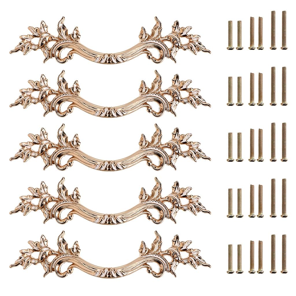 JUXYES Pack of 5 European Style Vintage Cabinet Handles Pulls, Antique Decorative Dresser Drawer Pulls Retro Drawer Pull Handles Knobs for Cupboard Cabinet (Golden)