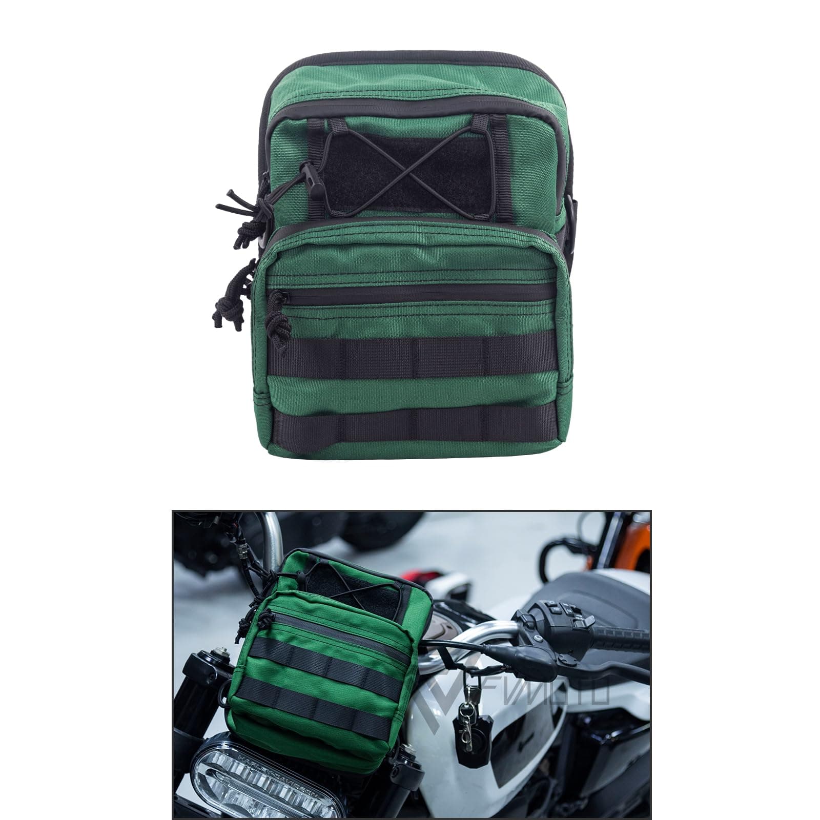 Motorcycle Universal Club Style Utility Molle Traveller Bar Handlebar T-Bar Bag Handle Bags, Fit For Harley Dyna Street Bob Softail Sportster, Tool Pouch Trunk Storage Bag, Snake Venom Green