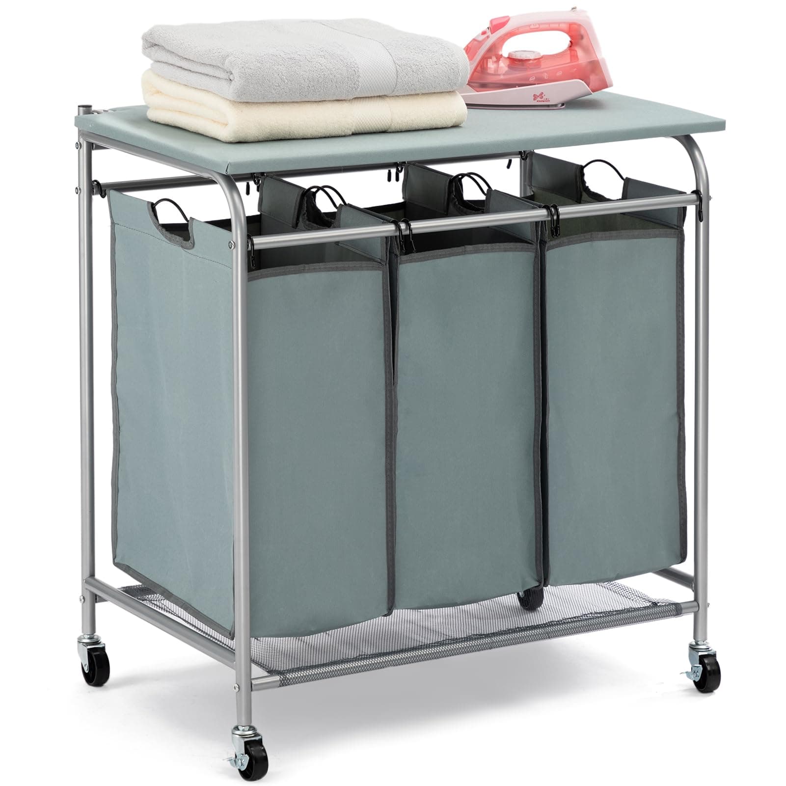 HollyHOME Laundry Sorter with Ironing Board, Sturdy Laundry Hamper Organizer with Wheels and Folding Top Lid for Laundry Room Blue Grey