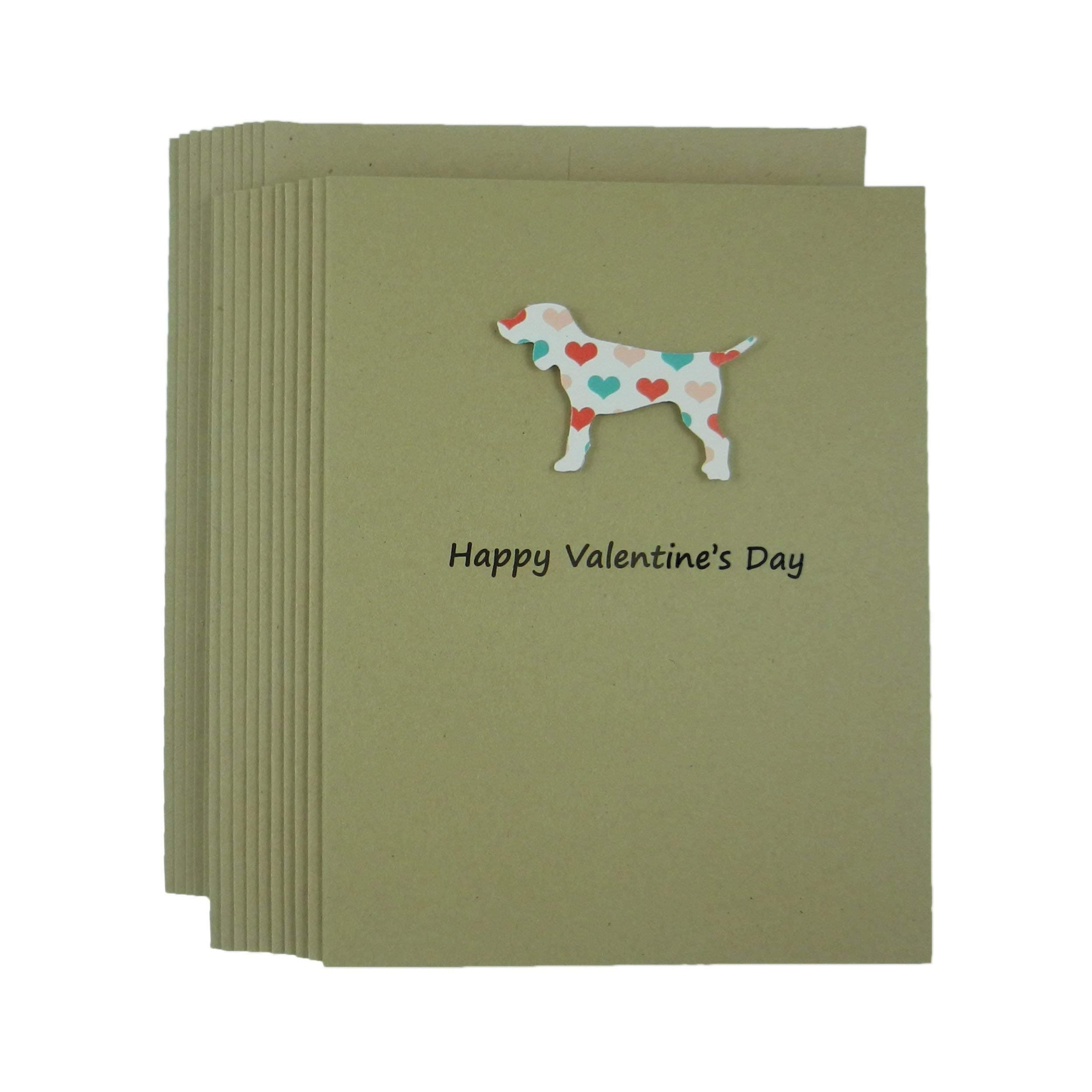 Dog Valentine's Day Greeting Card 10 pack Dog Silhouette with Coral and Teal Hearts Handmade Kraft Paper
