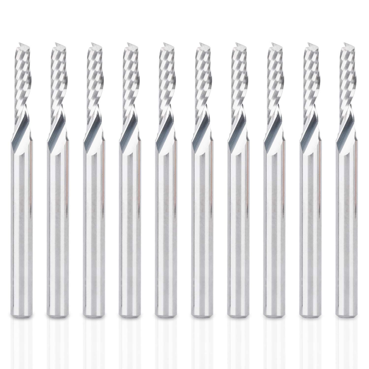 HQMaster CNC Router Bits, 10 Pack 1/8” Shank Spiral Upcut Router Bit Single 1 Flute End Mill Set Milling Cutter 2.5mm Cutting Tungsten Steel Engraving Tool Kit 12mm CEL, 38.5mm OAL for MDF Acrylic PVC