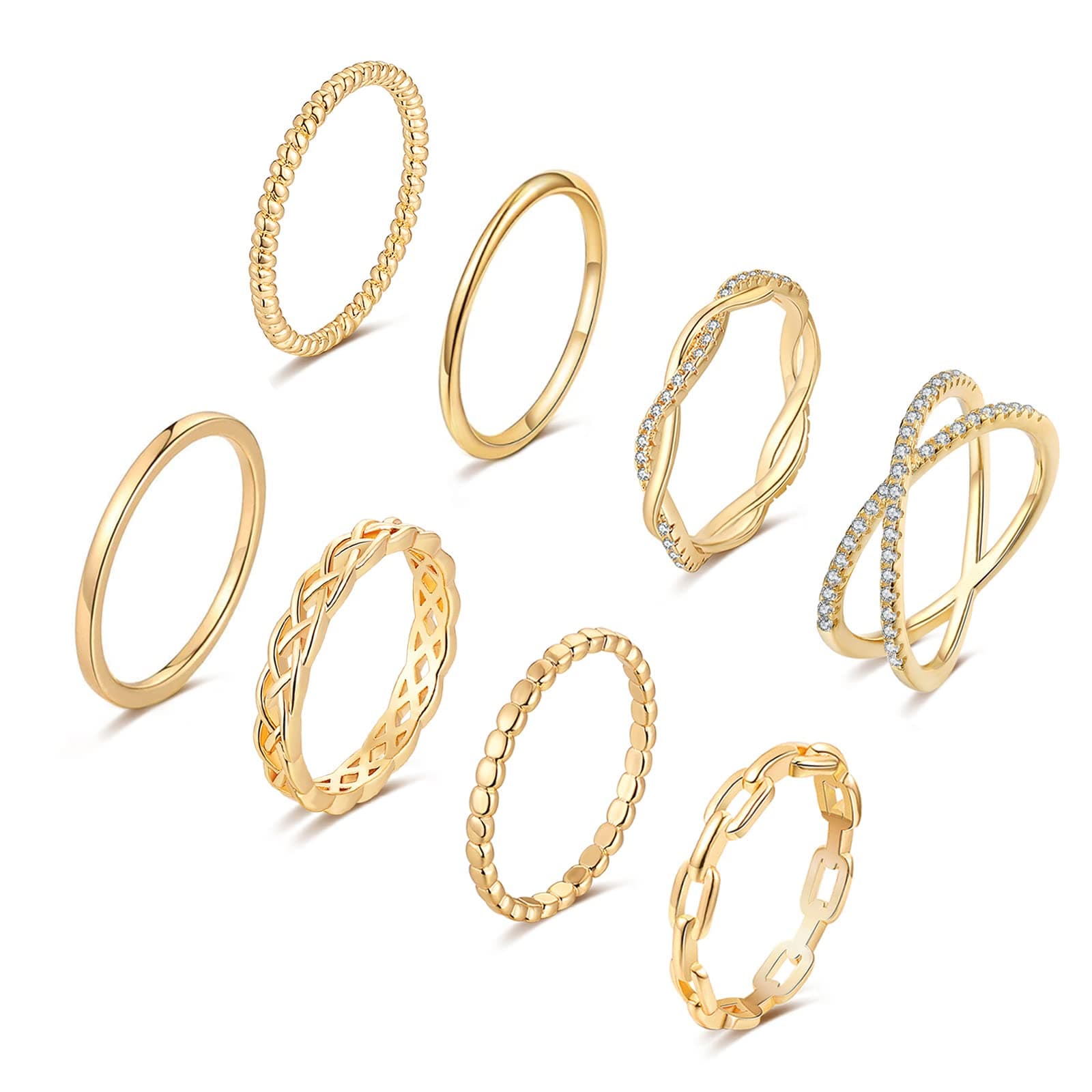 8PCS 14K Rings for Women Stackable Knuckle Rings Size 4 to Size 12 Rings 1.5mm- 3.8mm Midi Stacking Eternity Wedding Rings