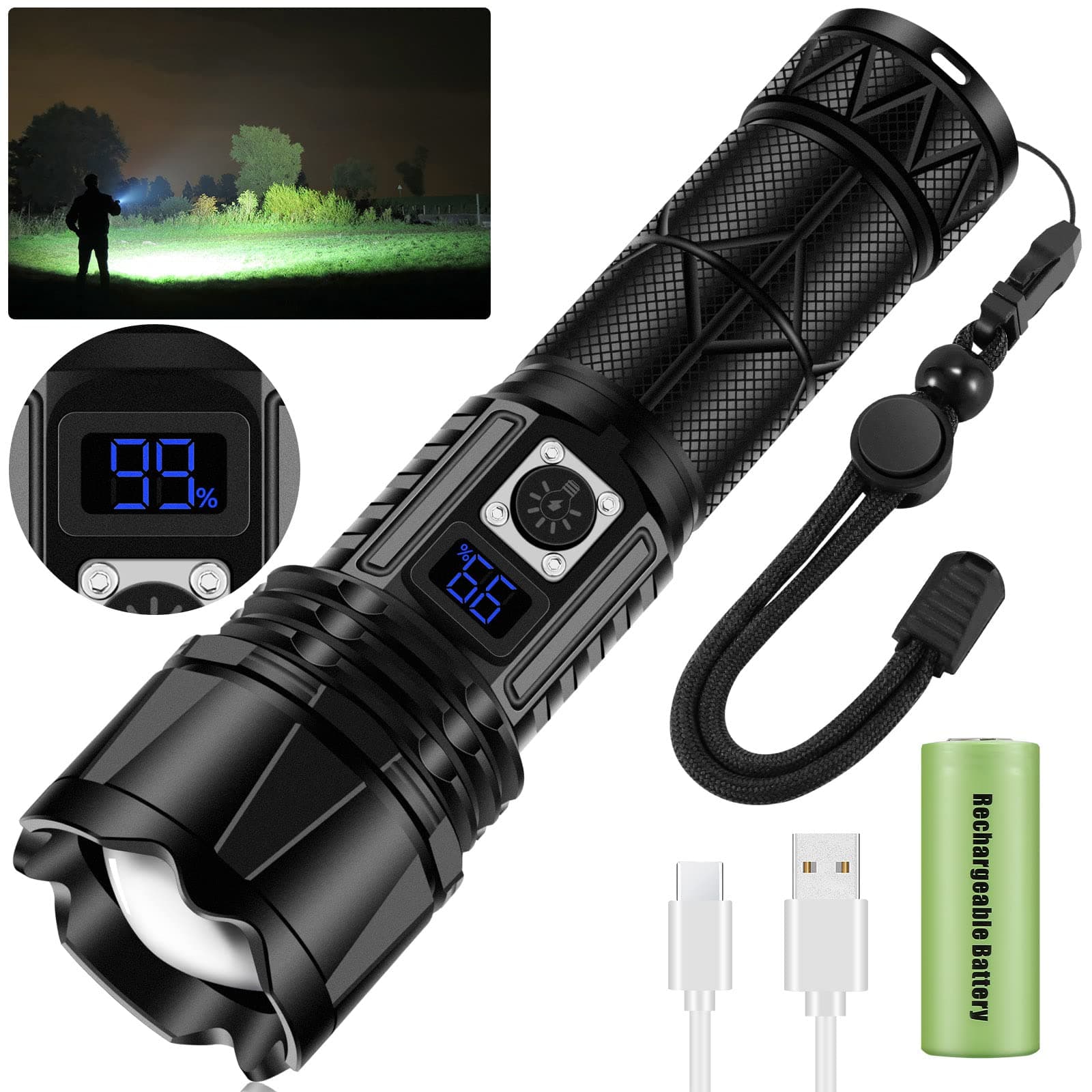 JAY-PARK LED Flashlight Rechargeable, Zoom Super Bright 100000 Lumen Flashlight with Digital Power Display, Handheld Rechargeable Flashlights High Lumens with Long Throw for Camping, Outdoor