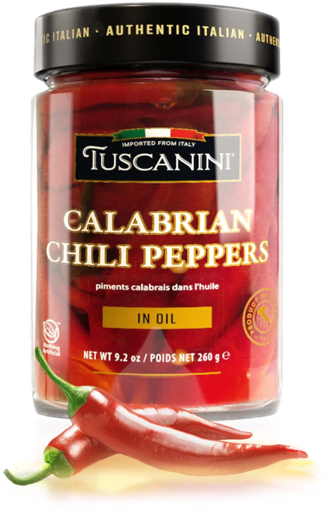 Tuscanini Premium Whole Calabrian Chili Peppers In Olive Oil, 9.2oz | Beautifully Red and Long Peppers | Just 3 Ingredients | Nothing Artificial | Product of Italy | Kosher