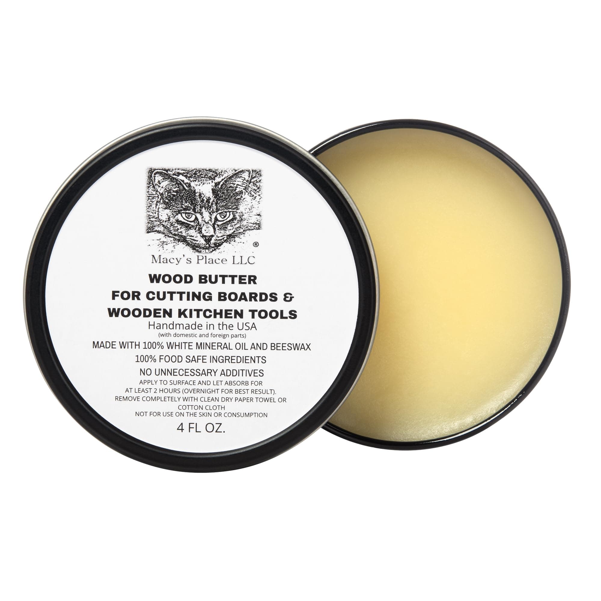 Wood Butter Cutting Board Wax Conditioner for Butcher Block and Wooden Kitchen Tools 4 oz. Food Grade Protective Mineral Oil and Beeswax for Wooden Cutting Boards, Surfaces, and Tools.