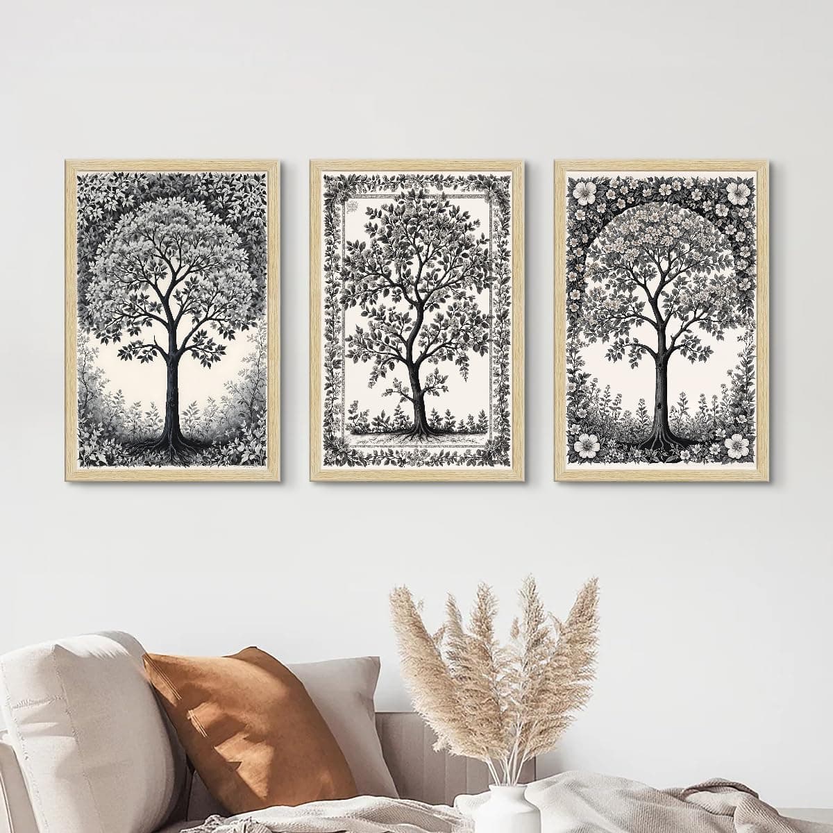ArtX Paper Monochrome Paintings with Frame for Home Decor Wall Art, Black and White Wall Painting for Living Room, Multicolor, Natural Wood Color Frames, 12.0x18.0 inch, Set of 3