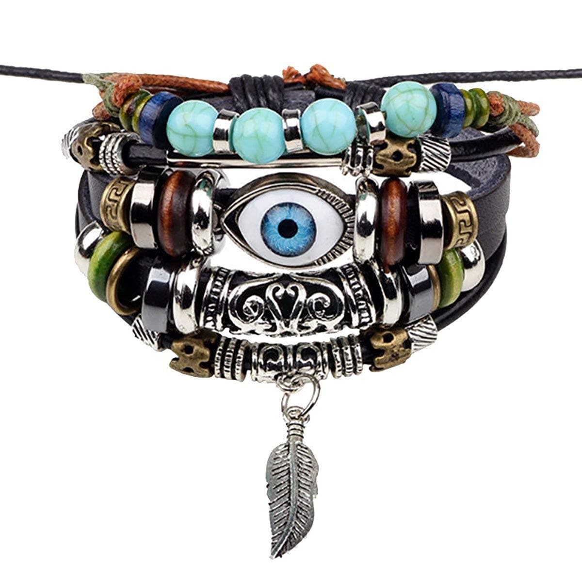 Leather Vintage Biker Cotton Thread Wood Strap Hamsa Hand Peace Owl Leaf Stackable Multi-strand Wrist Band Bracelet Combo Pack Of 2 Boys Men's