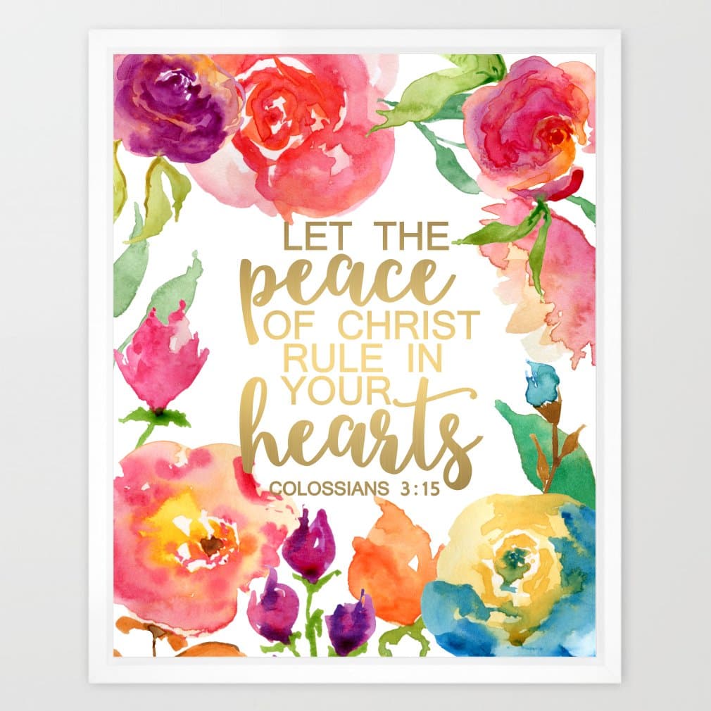 Eleville 8X10 Let the peace of christ rule in your heart Real Gold Foil and Floral Watercolor Art Print (Unframed) Scripture print wall bible verse Colossians 3:15 nursery Holiday Wedding Gift WG063