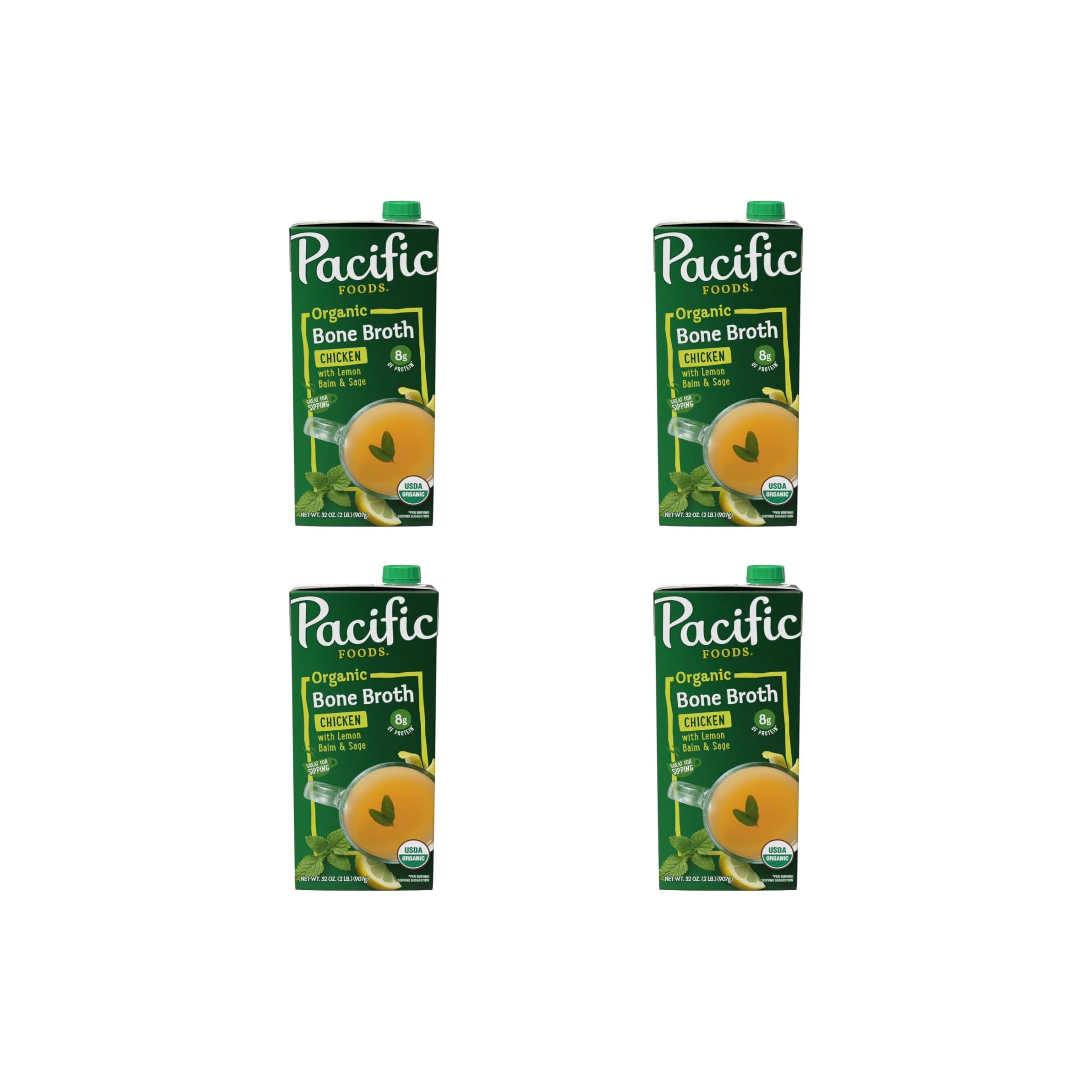 Pacific Foods Organic Chicken Bone Broth with Lemon Balm and Sage, 32 OZ Carton (Pack of 4)
