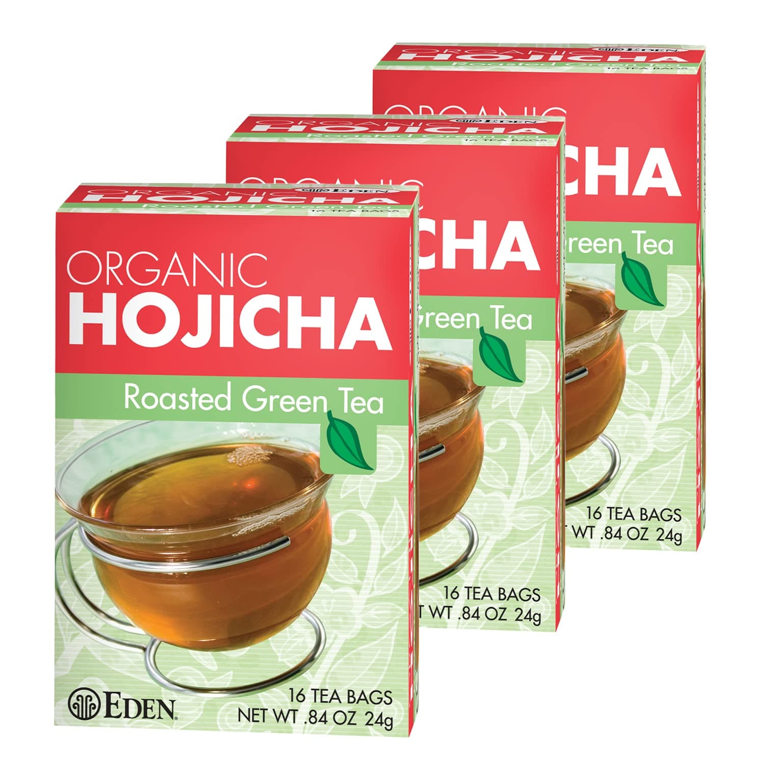 Hojicha Organic Roasted Green Tea, Low Caffeine, Japanese, 16 Unbleached Manila Tea Bags per Box (3-Pack)