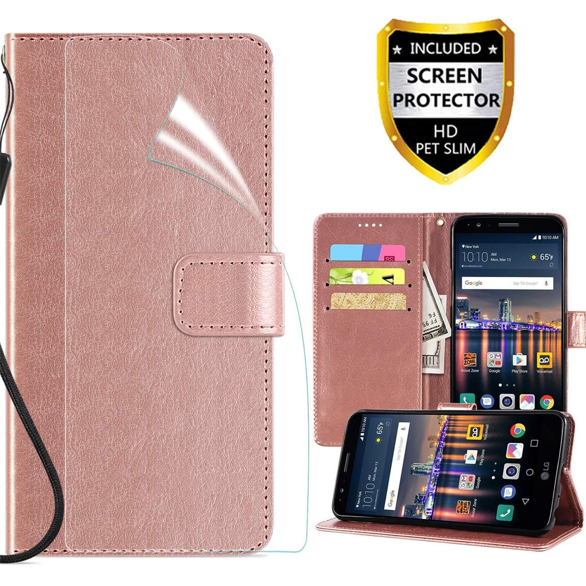 LG Stylo 3 case, LG Stylo 3 Plus/Stylus 3 Wallet Case,PU Leather Magnetic Folio Flip Case Built-in Card Slots Full Body Protection Phone Case Cover with HD Screen Protector-Rose Gold