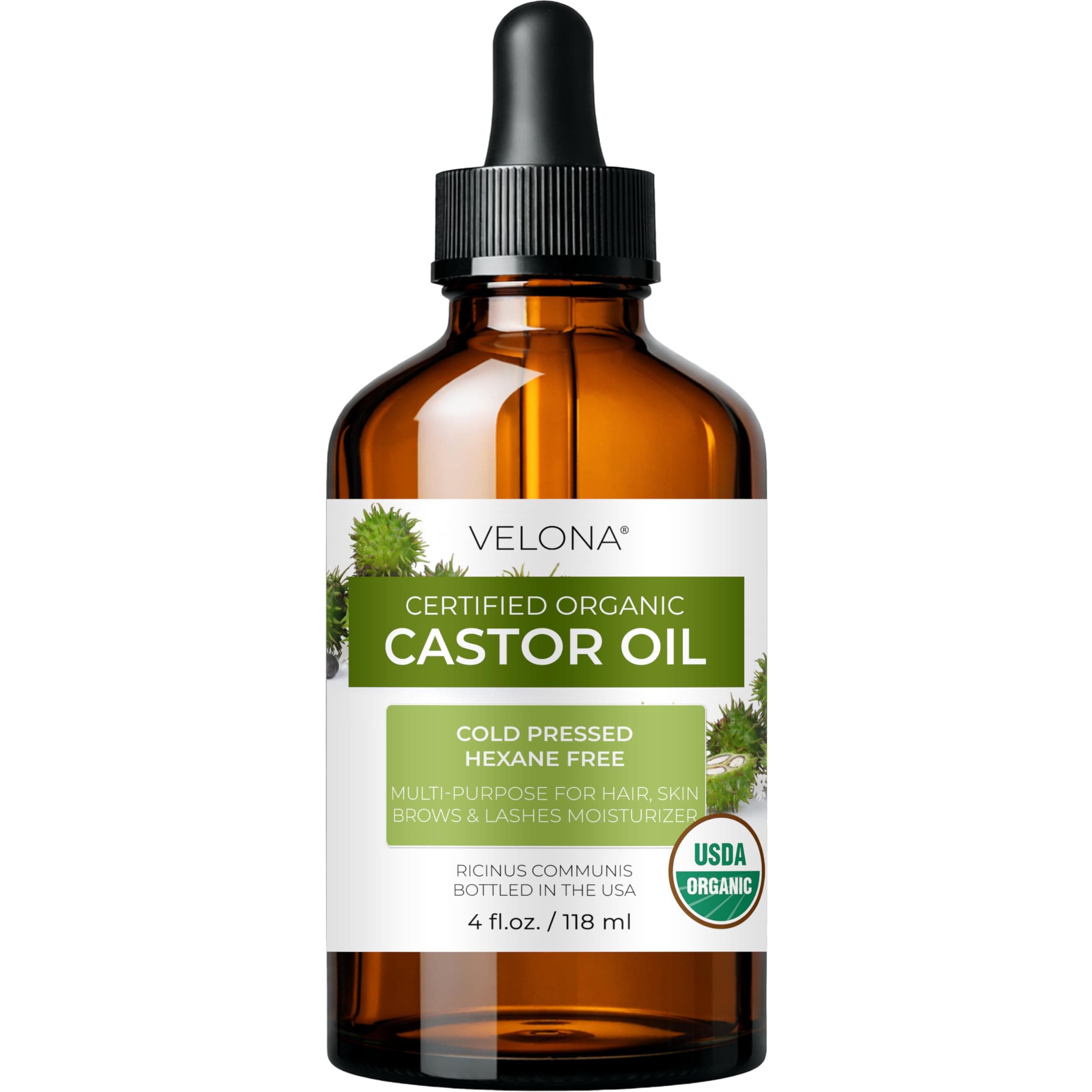 USDA Certified Organic Castor Oil - 4 fl oz (With Dropper) | For Hair, Boost Eyelashes, Eyebrows | Cold pressed, Natural Oil USP Grade | Hexane Free