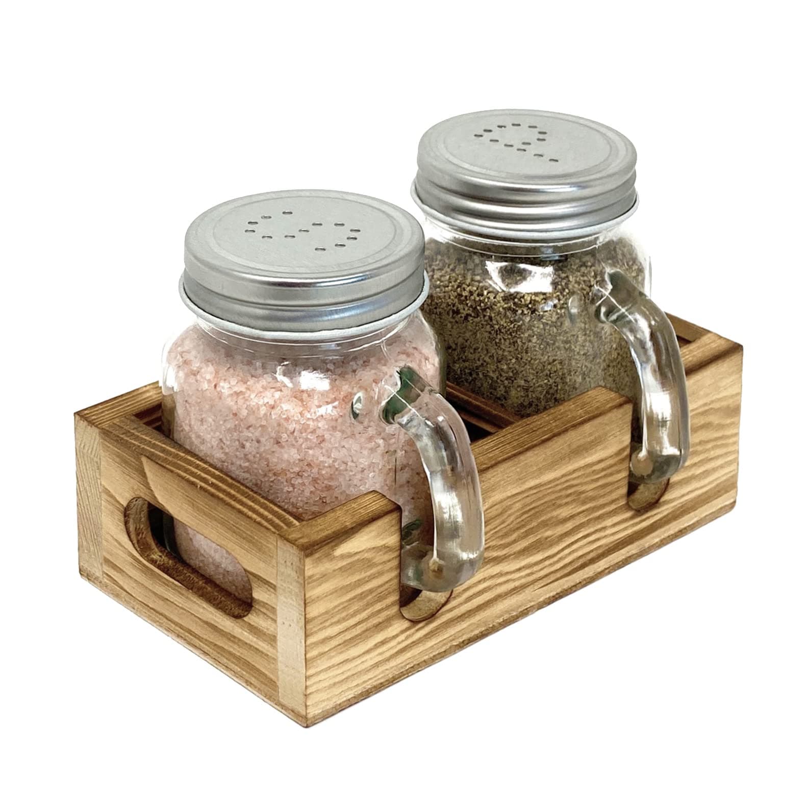 Mason Jar Salt and Pepper Shakers - Glass Shaker Set with Wood Holder Caddy, Easy to Clean & Refill for Farmhouse Kitchen Table, Home and Gifts