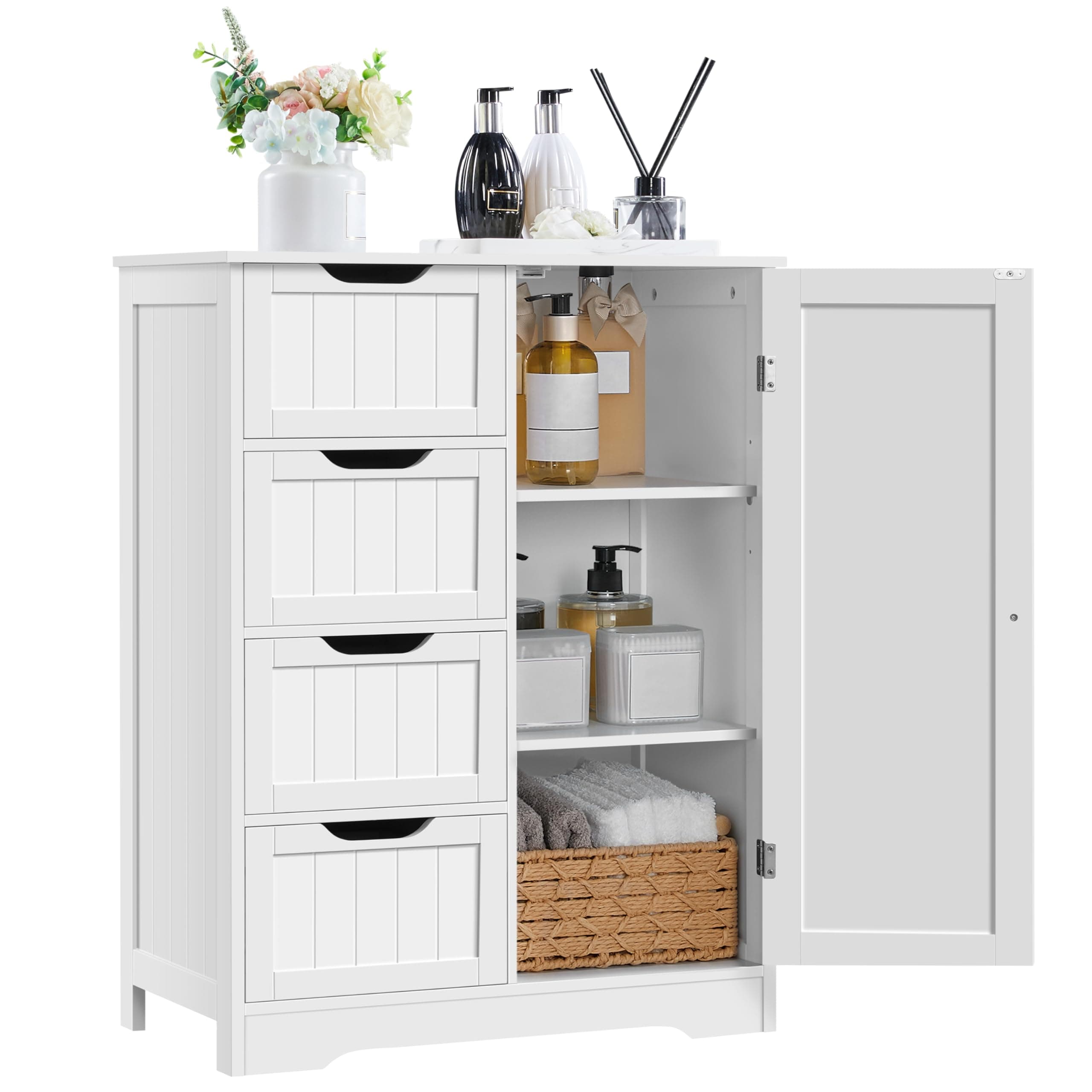 Yaheetech Large Bathroom Floor Cabinet with 4 Dawers and Single Door Cabinet, Freestanding Storage Cabinet for Living Room Kitchen Hallway, White