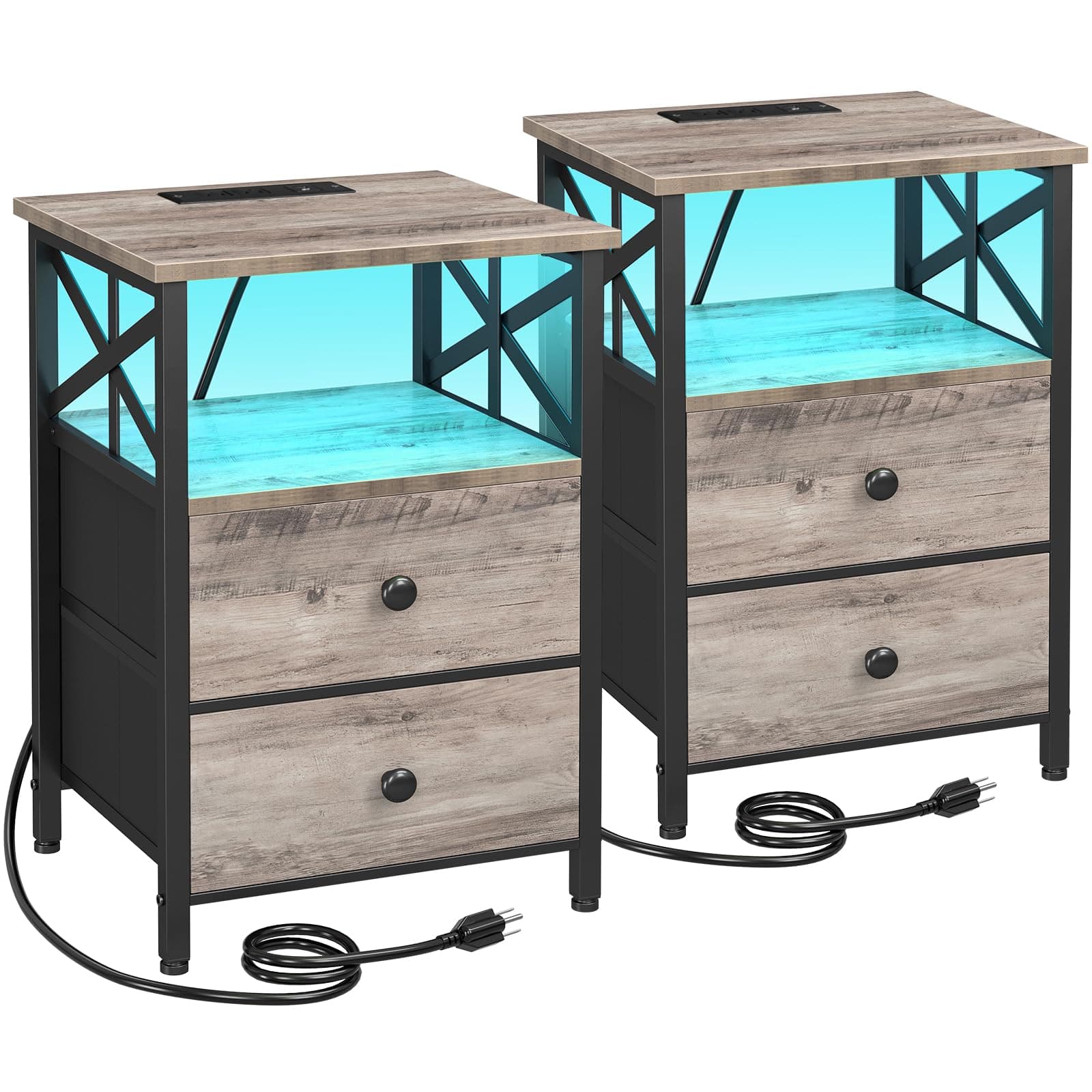 AMHANCIBLE Night Stand Set of 2 with Charging Station and LED Lights, Large 2-Drawer Bedside Tables with USB Ports and AC Outlets, Modern Nightstand for Bedroom, Grey, HET052LGY