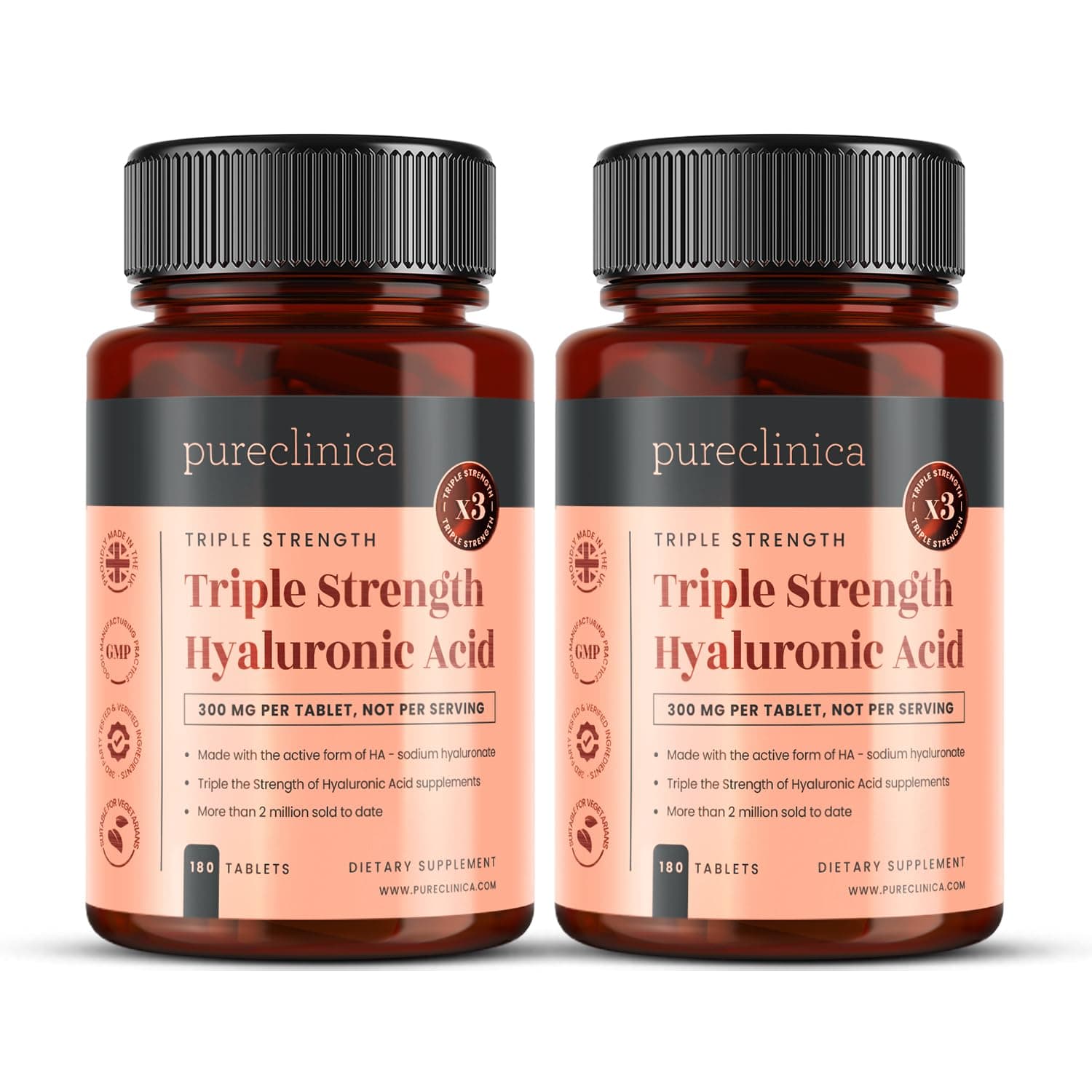 pureclinica Hyaluronic Acid 300mg x 360 Tablets (2 Bottles of 180-12 Months Supply). Triple Strength Hyaluronic Acid. 300% Stronger Than Any Other HLA Tablet.