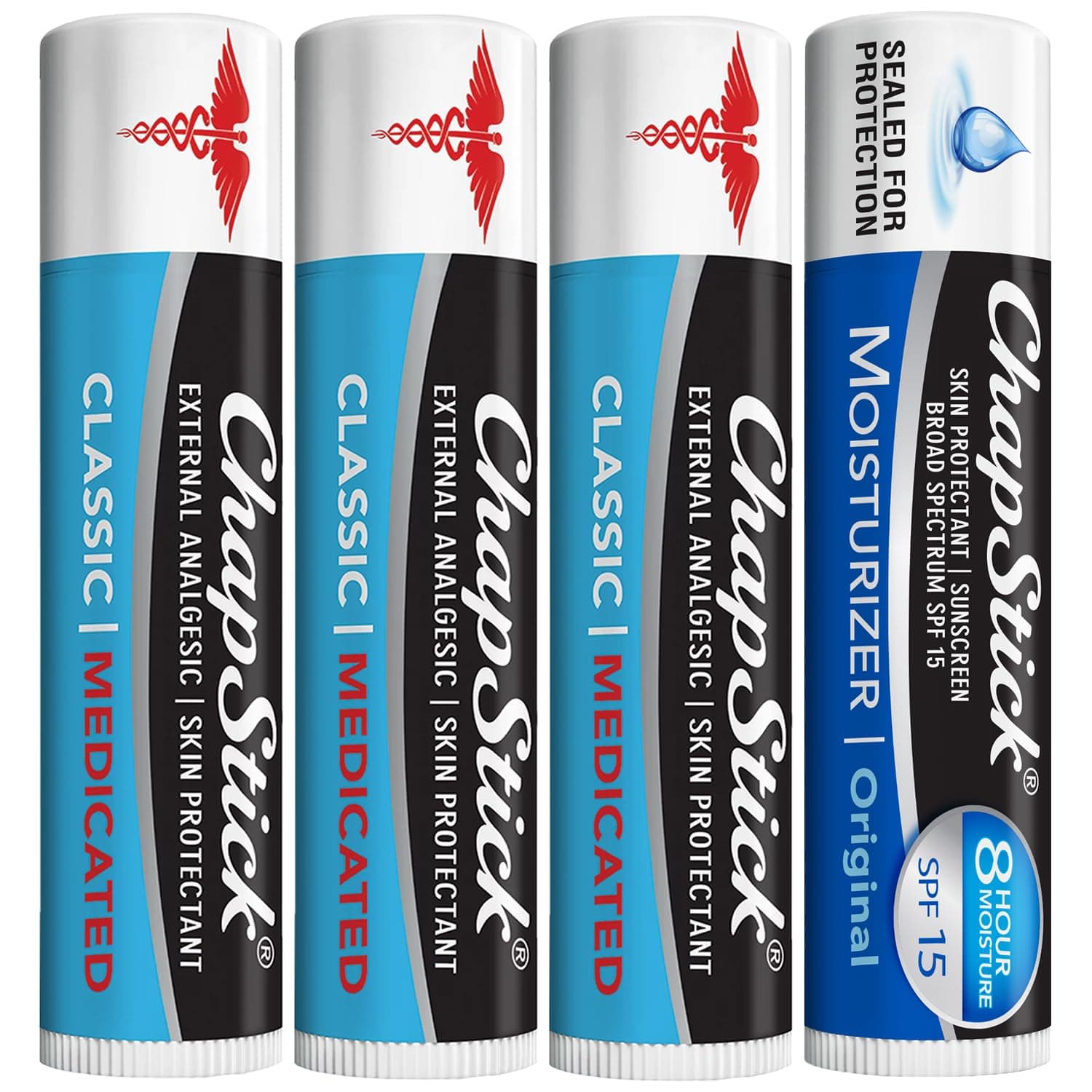 ChapStick Dry Lips & Cold Sore Pain Relief Bundle – Classic Medicated ChapStick 3-Pack + Original Moisturizer Lip Balm with SPF 15, 0.15 Oz Ea (4 Piece Set)