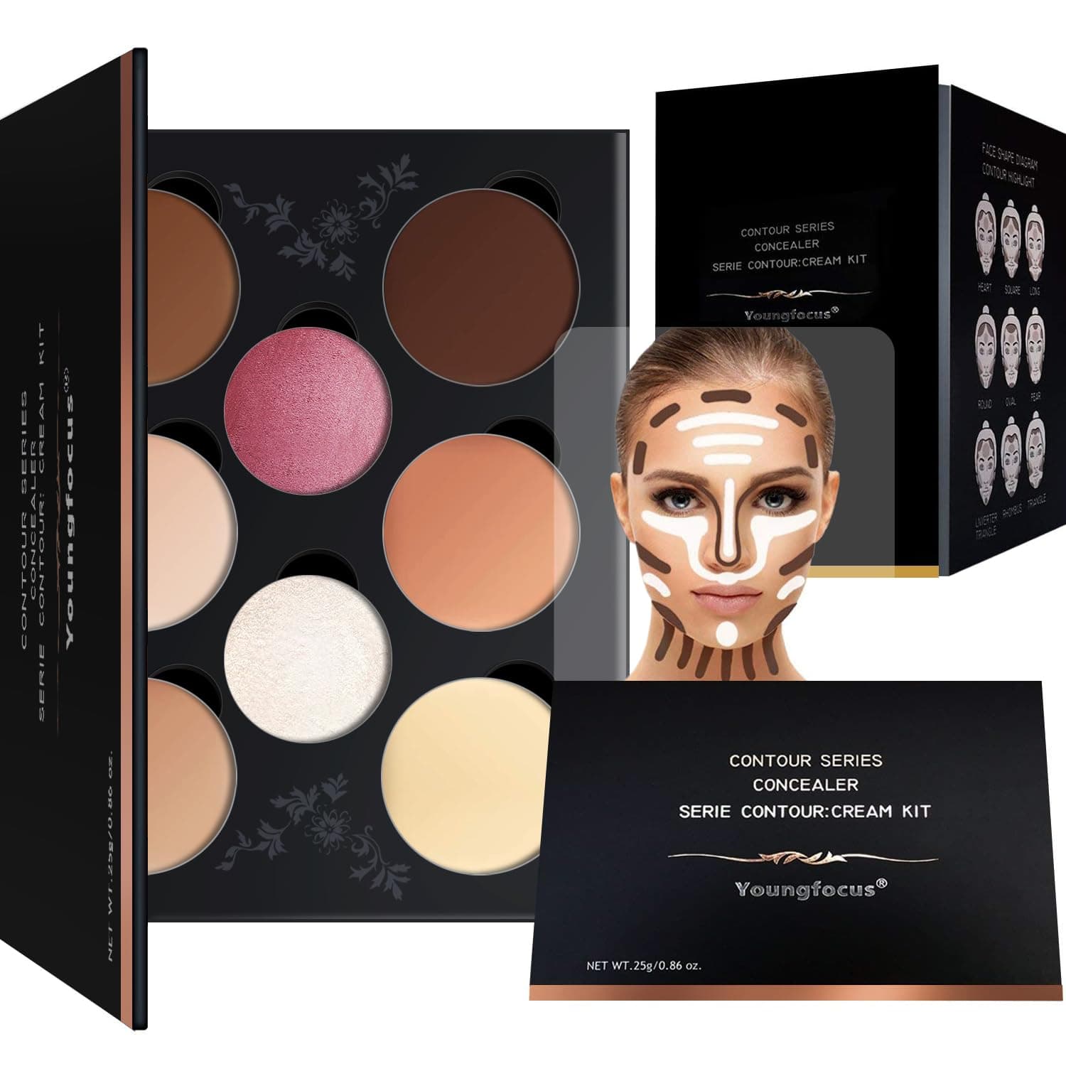 Cosmetics Cream Contour Best 8 Colors Contouring Foundation - Highlighting Makeup Kit/Concealer Palette - Vegan, Cruelty Free and Hypoallergenic - Instruction Manual（Face Blushes）