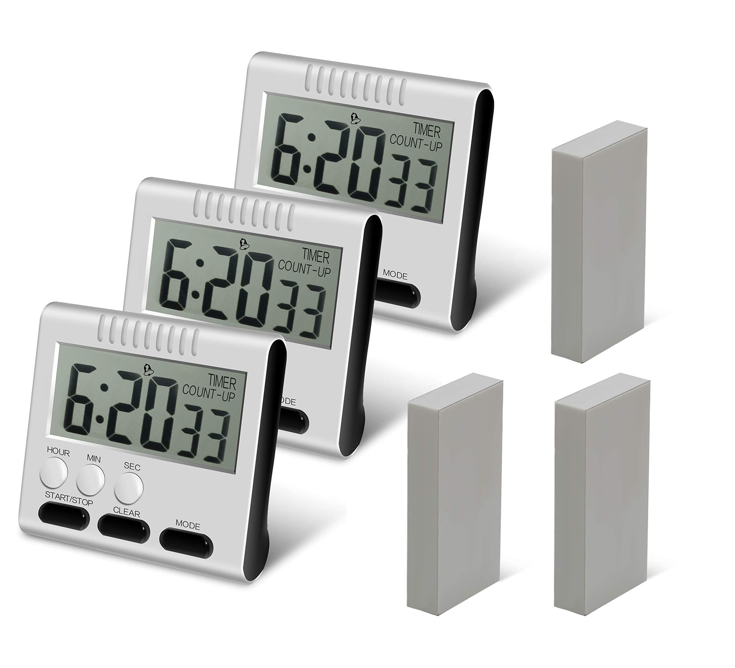 Hour Minute Second Count Up Countdown Digital Kitchen Timer, Big Digits, Loud Alarm, Magnetic Backing, Retractable Stand, 3 Pack Black