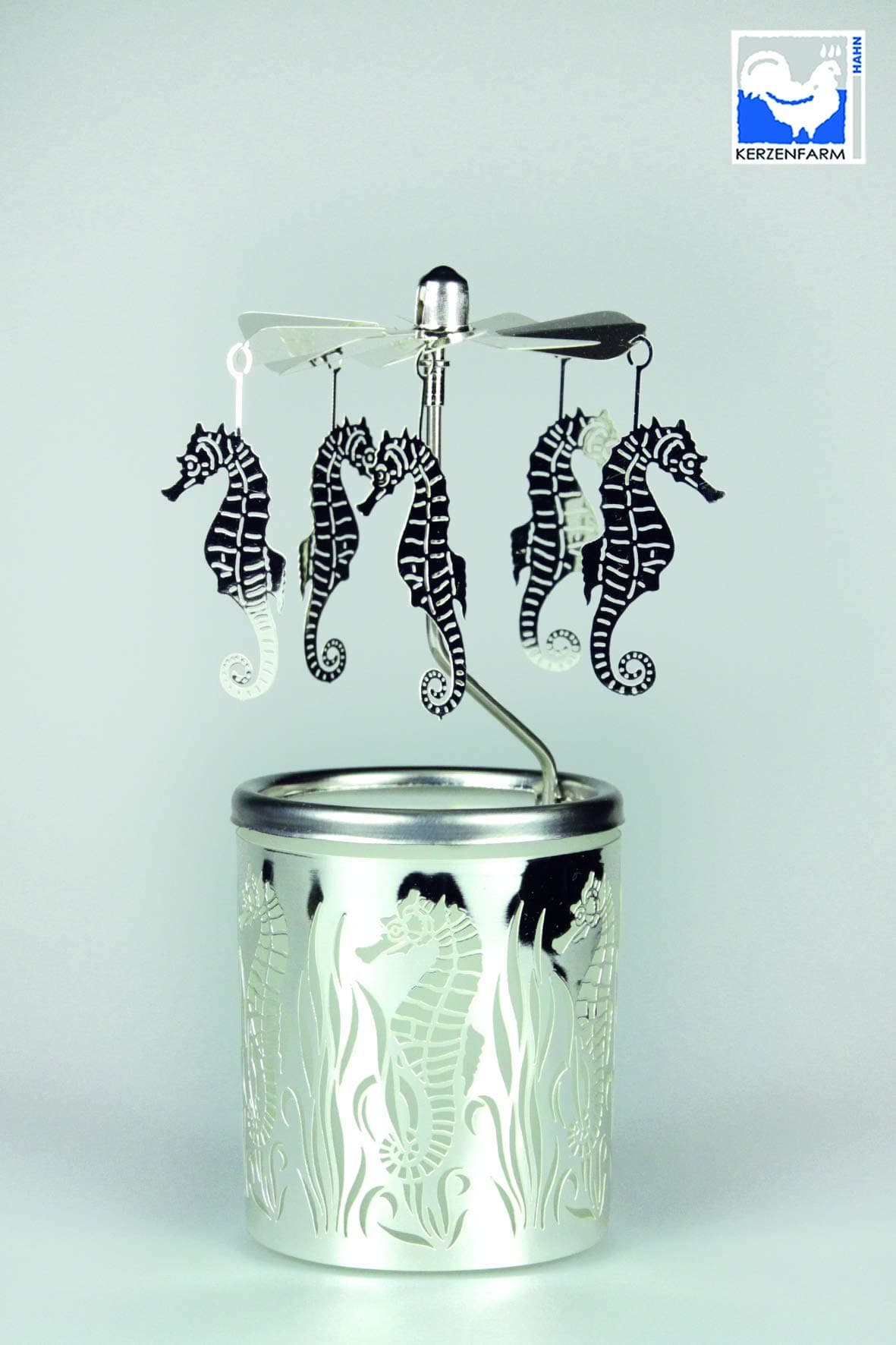 Kerzenfarm Hahn 84369 Glass Carousel Tea Light Holder with Seahorse Motif 16 x 6 x 6 cm Glass Carousel Glass Silver 6 cm