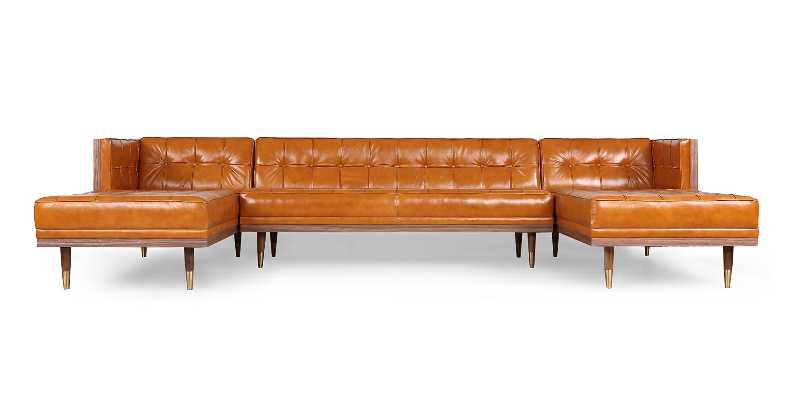 Woodrow Midcentury Modern Box Sofa U-Shaped Chaise Sectional, Tan Aniline Leather/Walnut