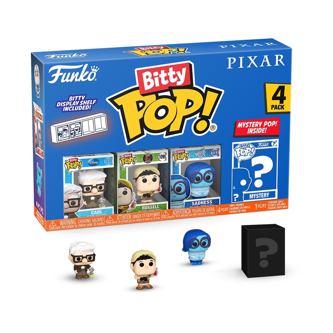 Pop Bitty: Pixar Mini Collectible Toys 4-Pack - Carl, Russell - (Dug Days), Sadness, & Mystery Chase Figure - (Styles May Vary) and A Surprise Mystery Mini Figure - 0.9 Inch (2.2 Cm)