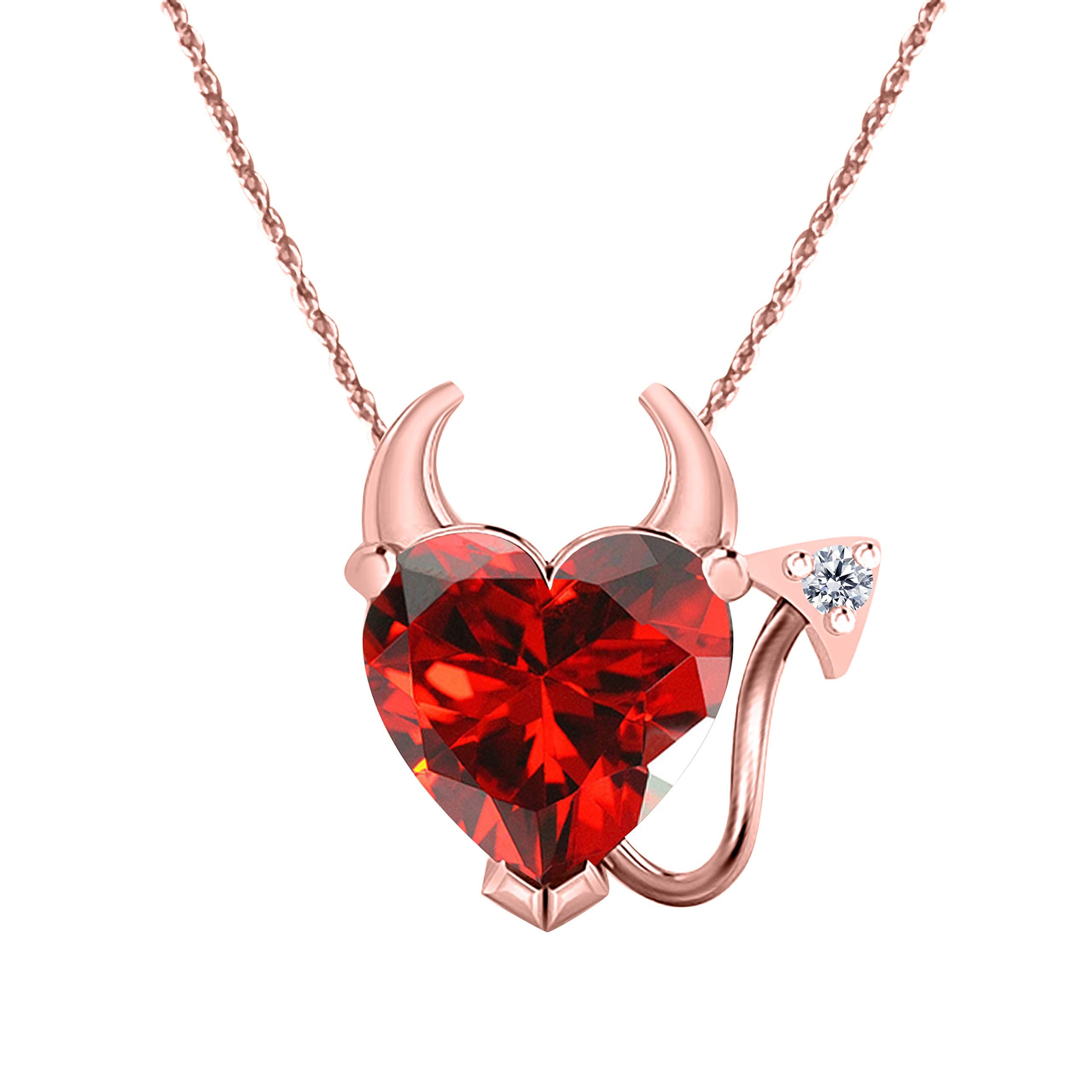 DS Jewels Women's 14k Gold Plated Alloy 1.50 CT Heart Cut Created Garnet Devil Heart Shaped Pendant 18 Inches Chain Necklace