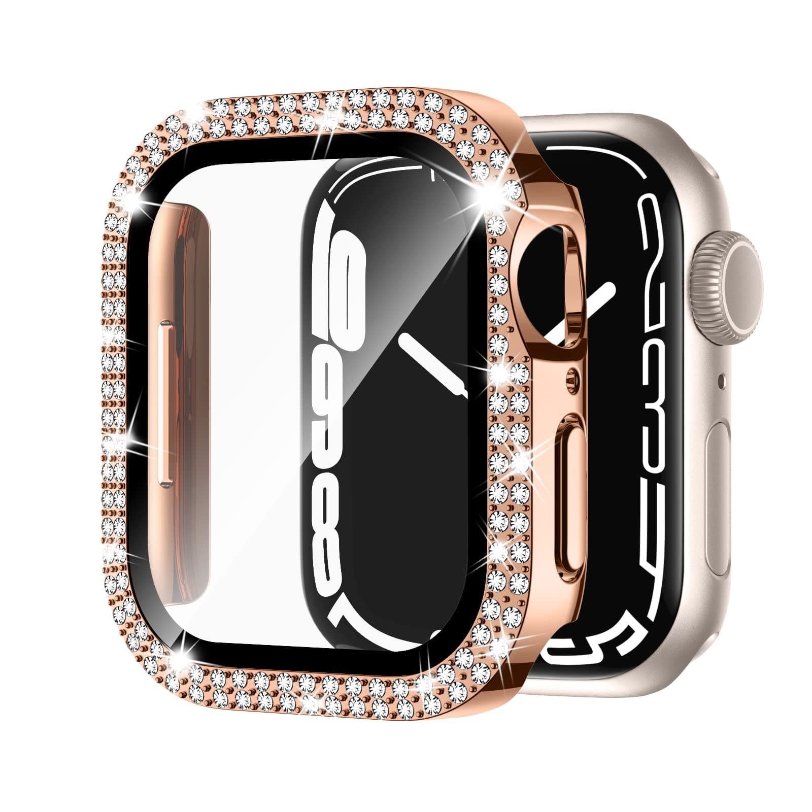 Adepoyfor Apple Watch Case Series 7/8 41mm with Tempered Glass Screen Protector, Double Bling Case Crystal Diamonds Rhinestone Bumper Overall Hard PC Ultra-Thin Protective Cover for iWatch 41mm