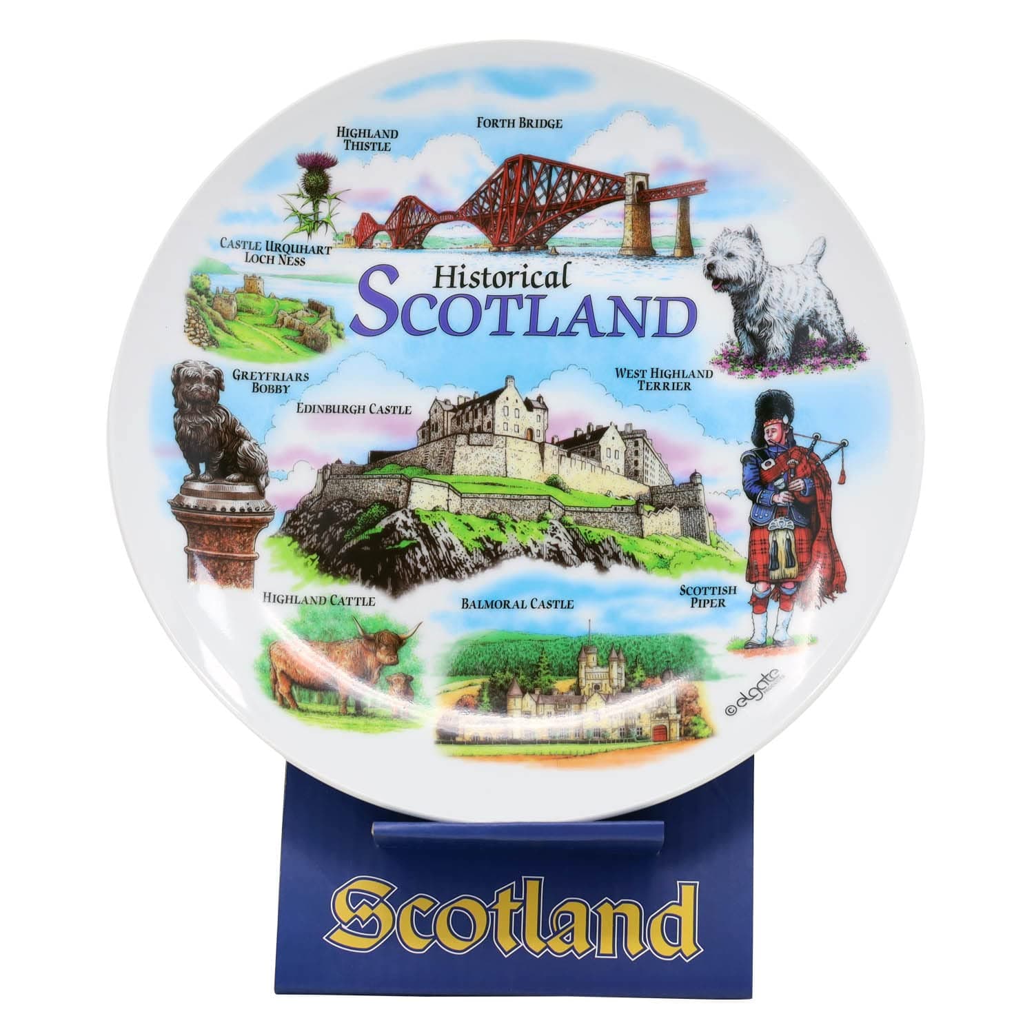 Historical Scotland Souvenir Ceramic Plate & Stand 8 inch diameter