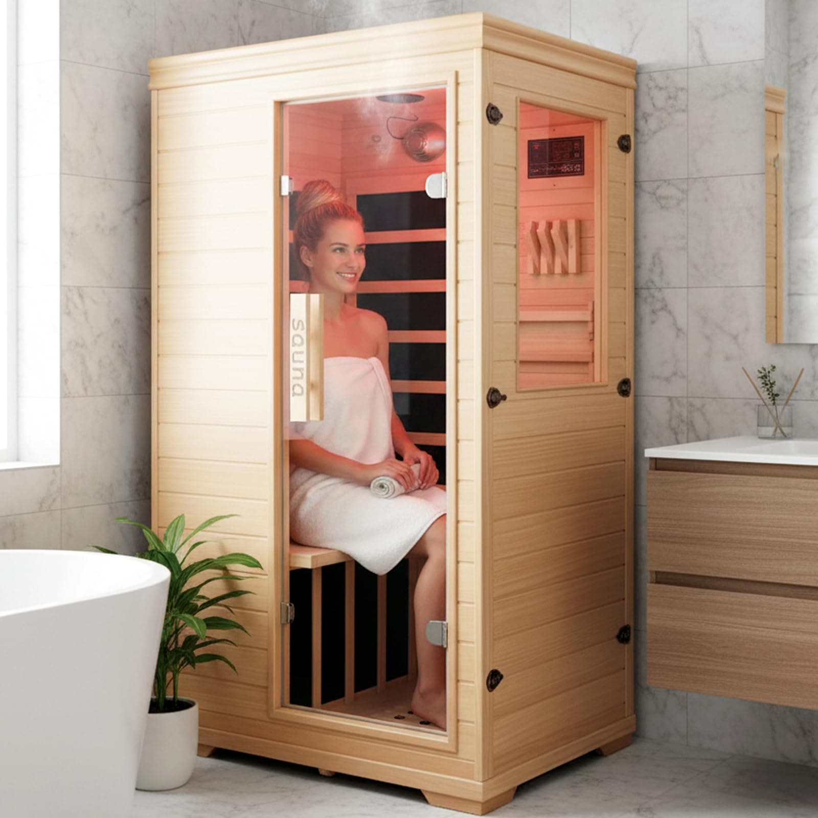 Far Infrared Sauna for 1 Person - 1050W Fast Heating, Canadian Hemlock Wood Home Sauna with Bluetooth Speaker, Chromotherapy & Oxygen Ionizer Easy Assembly Indoor Sauna for Relaxation, Detox, Home Gym