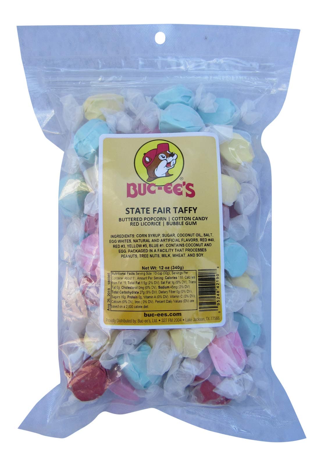 Buc-ee's State Fair Flavored Taffy in a Resealable Bag - Bubble Gum, Buttered Popcorn, Cotton Candy, Red Licorice - 12 Ounces