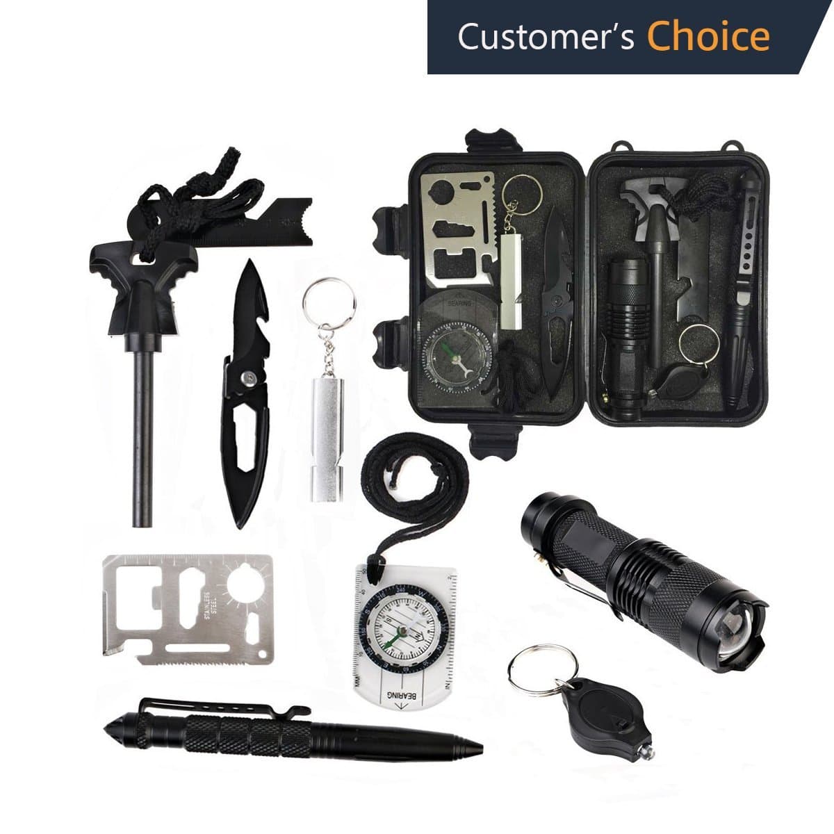 SPNRO Survival Gear Kit, Professional 10 in 1 Wild Emergency Survival EDC Kits with Fire Starter Whistle Pocket Knife Flashlight Tactical Pen etc for Outdoor Traveling Hiking Hunting Field Camping