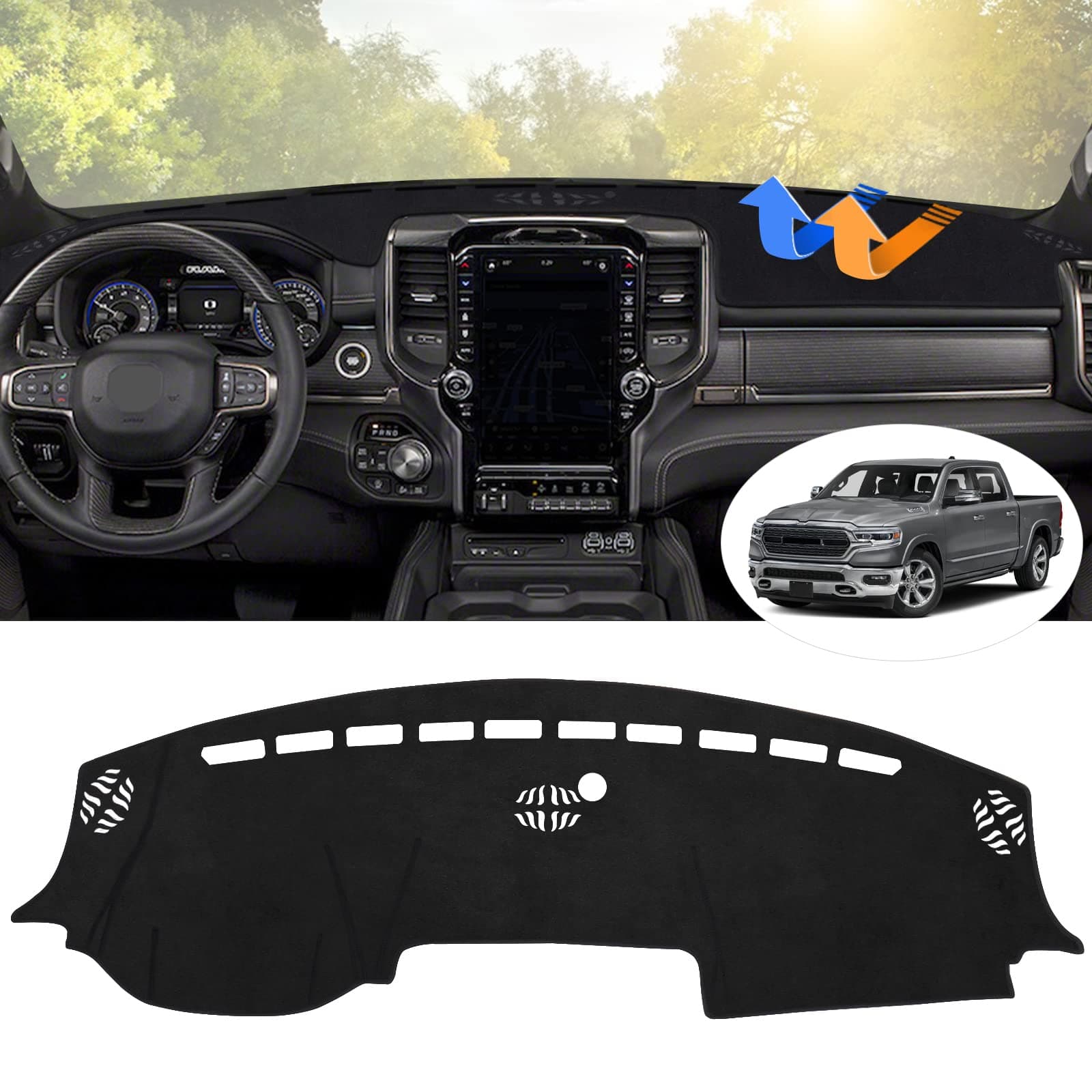 Dashboard Cover Mat for 2019-2023 2024 2025 2026 Dodge Ram 1500 2500 3500 Accessories Dash Cover Flannel Dash Mat Sunshade Glare UV Rays Protector Black