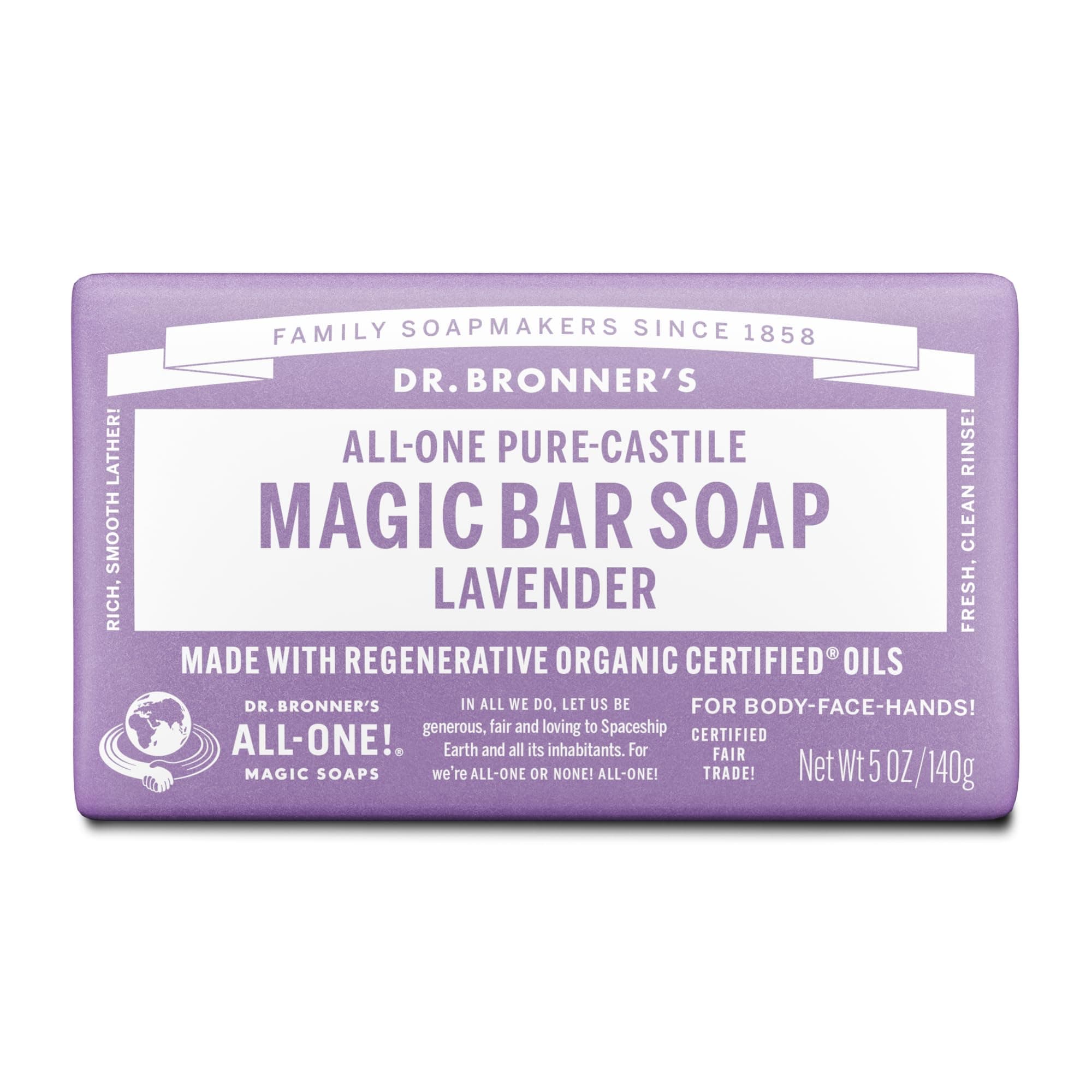 Pure-Castile Magic Bar Soap (Lavender, 5 ounce) - Made with Organic Oils, For Face, Body and Hair, Gentle and Moisturizing, Biodegradable, Vegan, Cruelty-free, Non-GMO