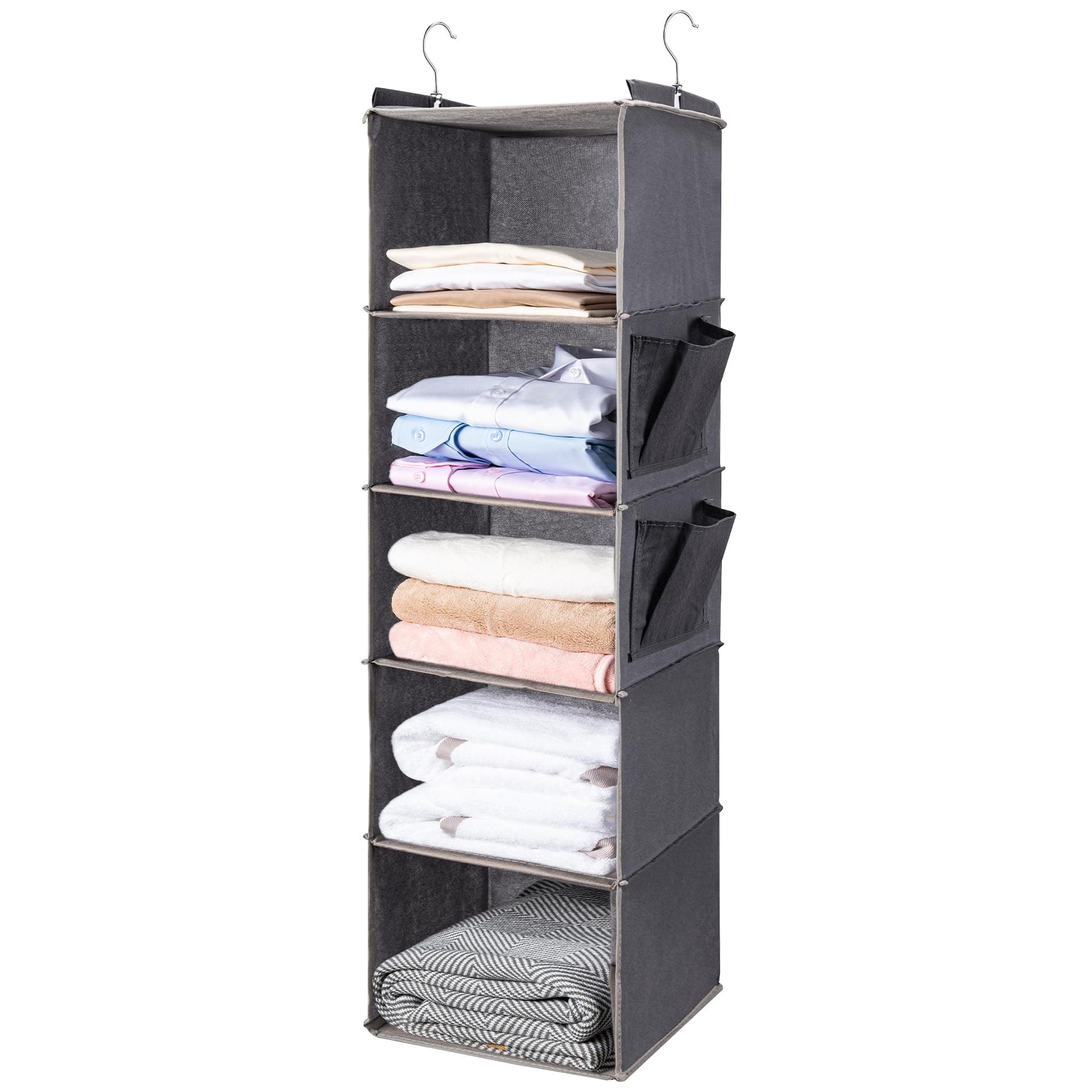 BOOMIBOO Hanging Closet Organize and Shelves,5-Hanging Shelf with 2 Side Pockets,Storage Foldable (Grey)