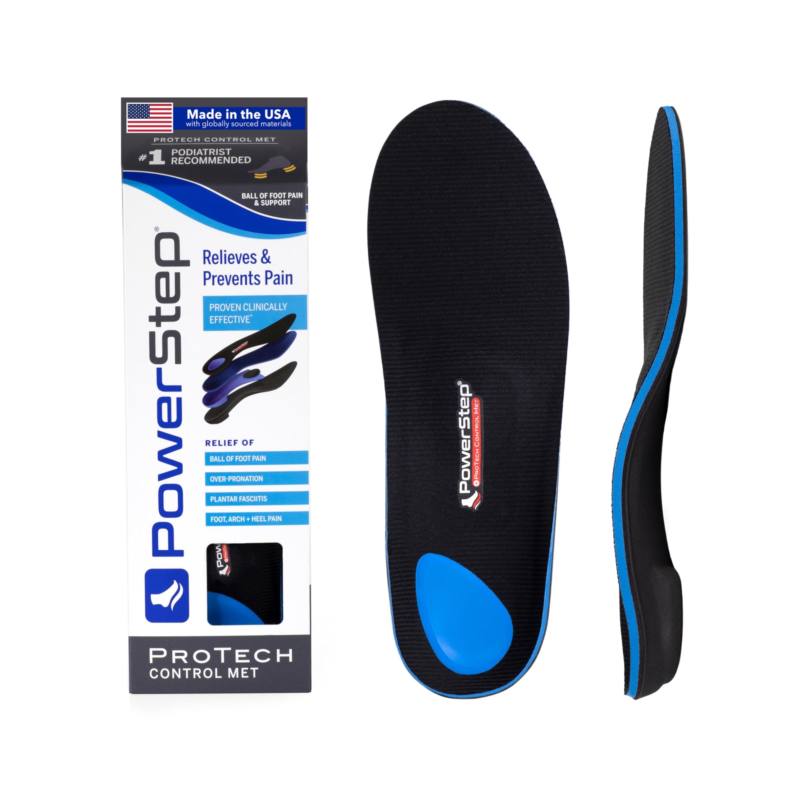 PowerStep ProTech Control Met Orthotics - Full Length Shoe Insoles for Metatarsal Foot Pain & Plantar Fasciitis - Made in USA Inserts for Overpronation & Ball of Foot Pain Relief (M 5-5.5 W 7-7.5)
