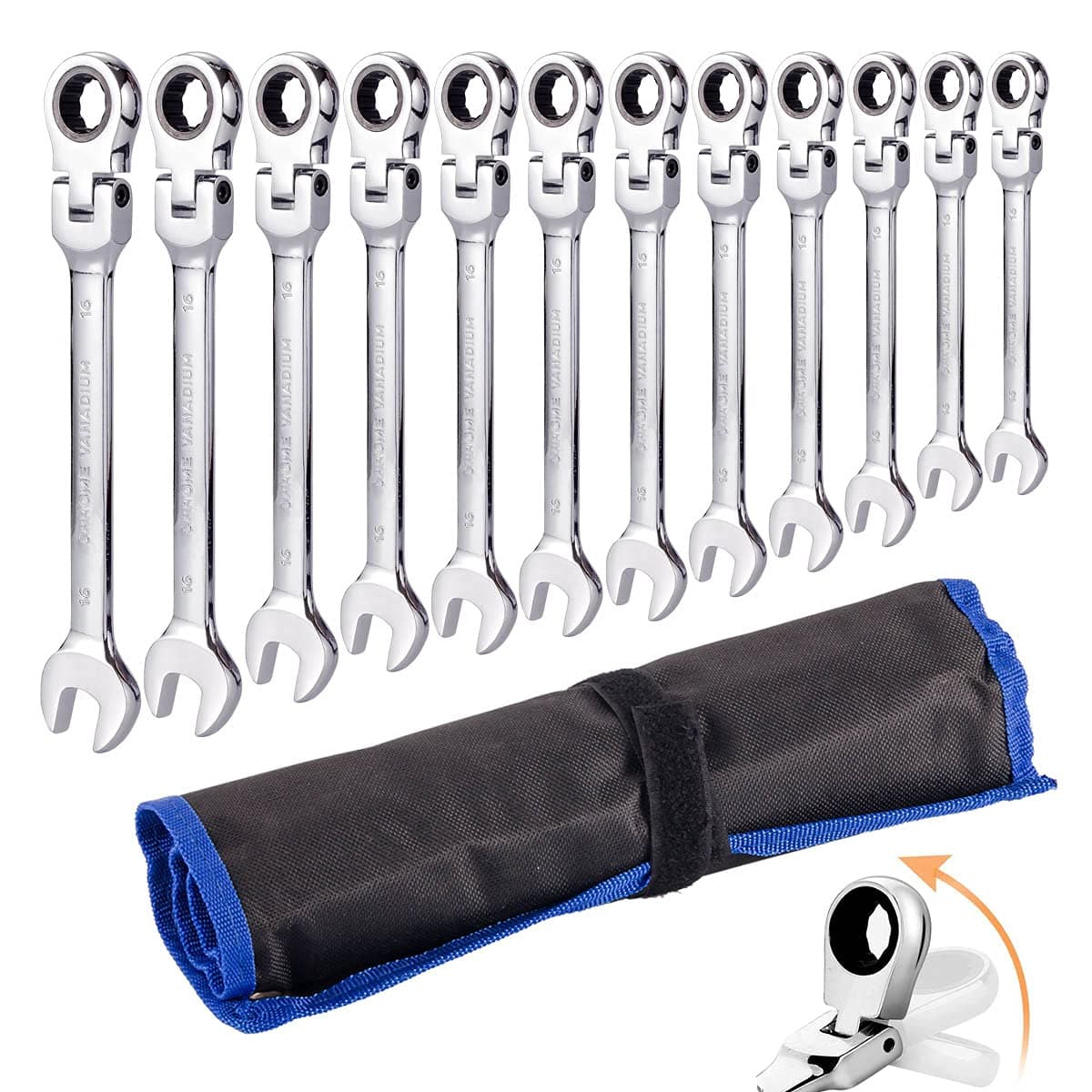 Qnkaa Ratchet Spanner Set 12pcs Metric Flexible Combination Wrench with Gear Ring Open-end Box-end Flex Flexi Head DIY Hand Tools Kit in Roll Bag 8-19mm