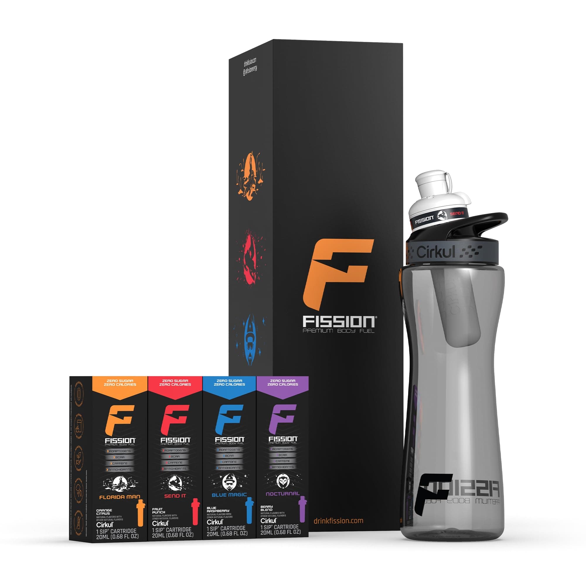 Cirkul 22oz. Plastic Water Bottle Starter Kit with Black Lid, 4 Energy Drink Mix Flavor Cartridges, Zero Calories and No Sugar (Florida Man, Send It, Blue Magic, Nocturnal)