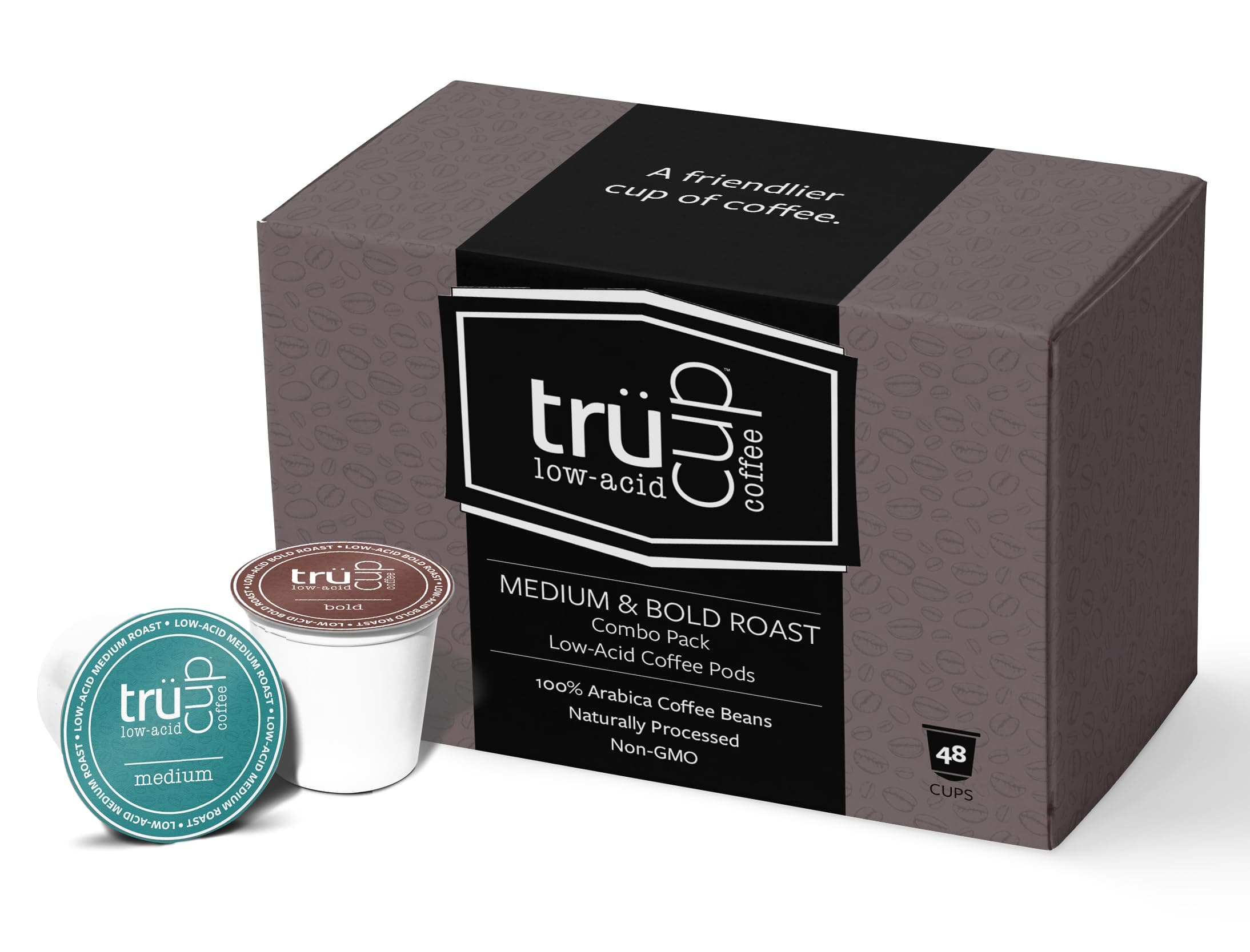trücup Low Acid Coffee K-Cups - Bold + Medium Roast - Single Serve Coffee Pods - Can Be Gentle on the Stomach (48 Count)