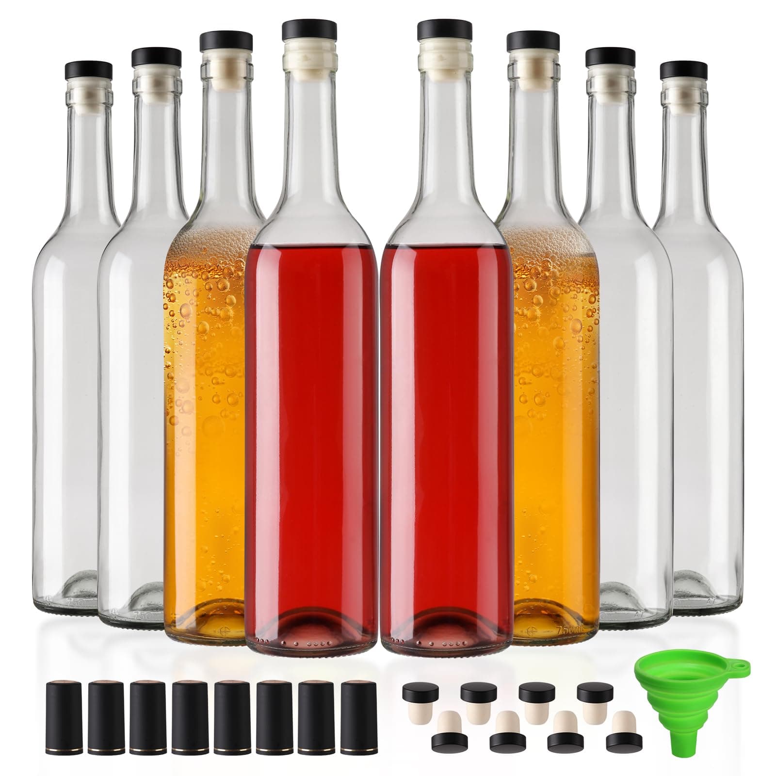8 Pack 750 ml Clear Glass Bottles With T-top Caps & Seal Shrink Capsules, 25 oz Empty Wine Bottles with Funnel for Wine, Beverages, Juice & Kombucha