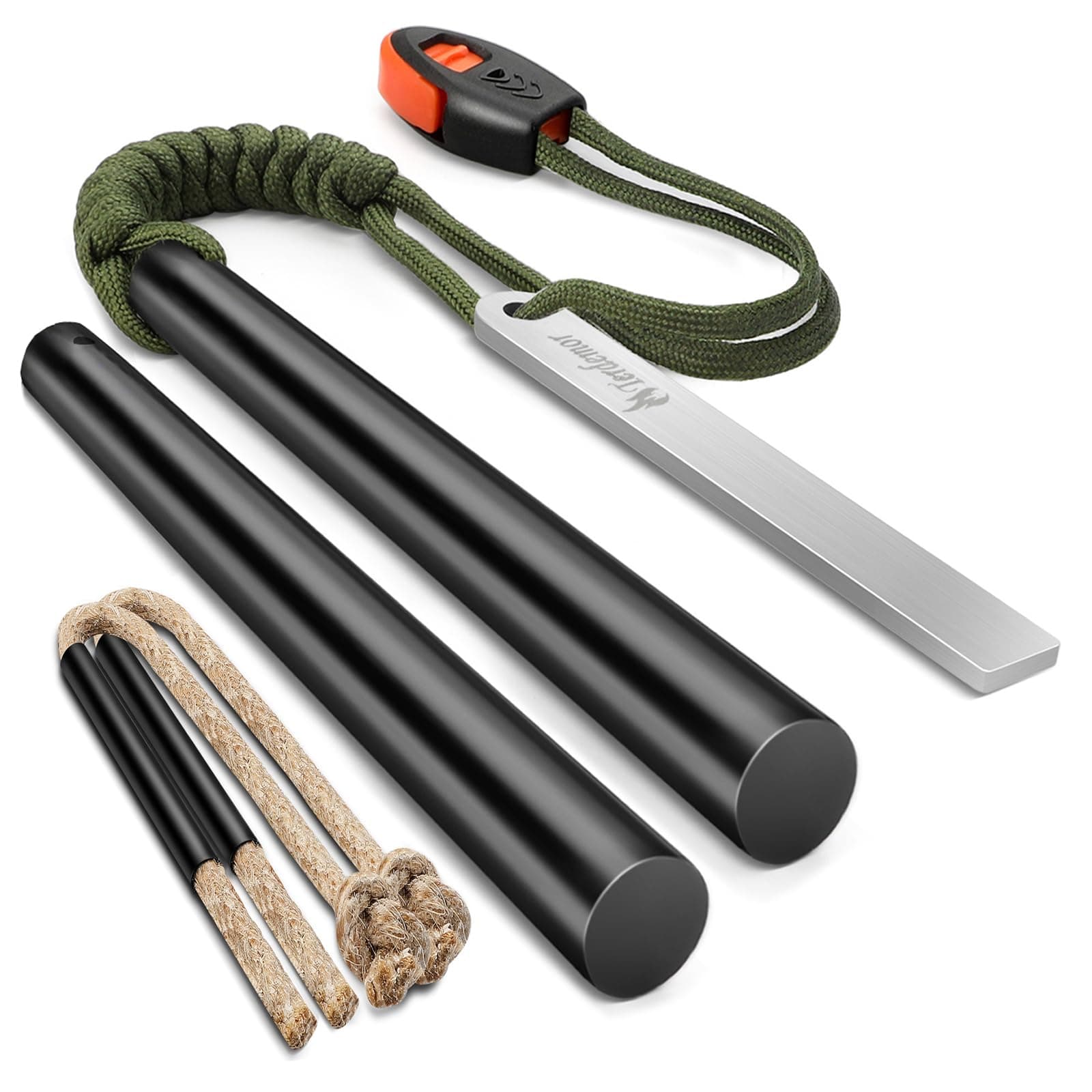 Ferro Rod Fire Starter Kit with 5 Inch Flint and Steel, Two 12 Inch Wax-Impregnated Tinders, 50 Inch 7-Core Paracord for Camping, Hiking, Boy Scouts, and Emergency Preparedness