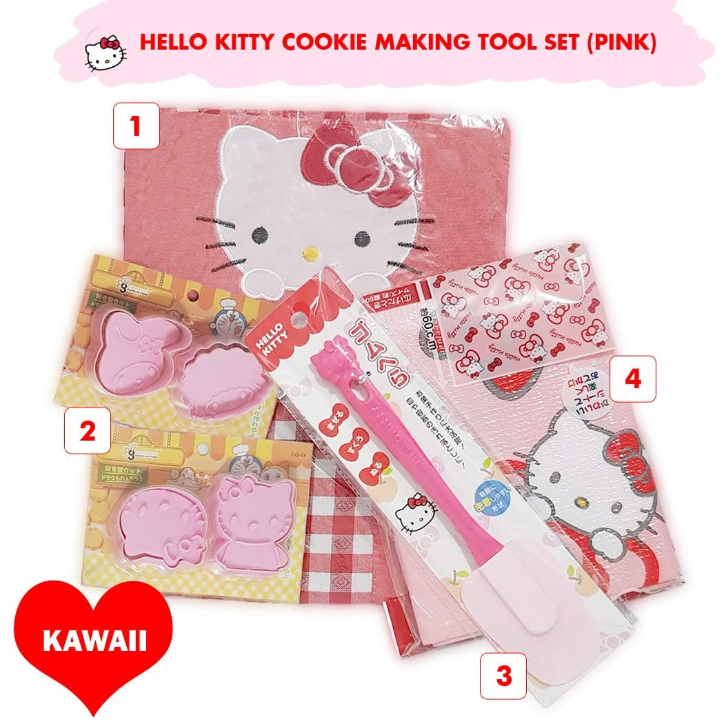 Sanrio Japan Hello Kitty Cookie Biscuit Making Tool Bundle Set - 2x Sanrio Character Small Cookie Stamp Cutter Set, Hello Kitty Red Apron, Picnic Mat & Pink Spatula