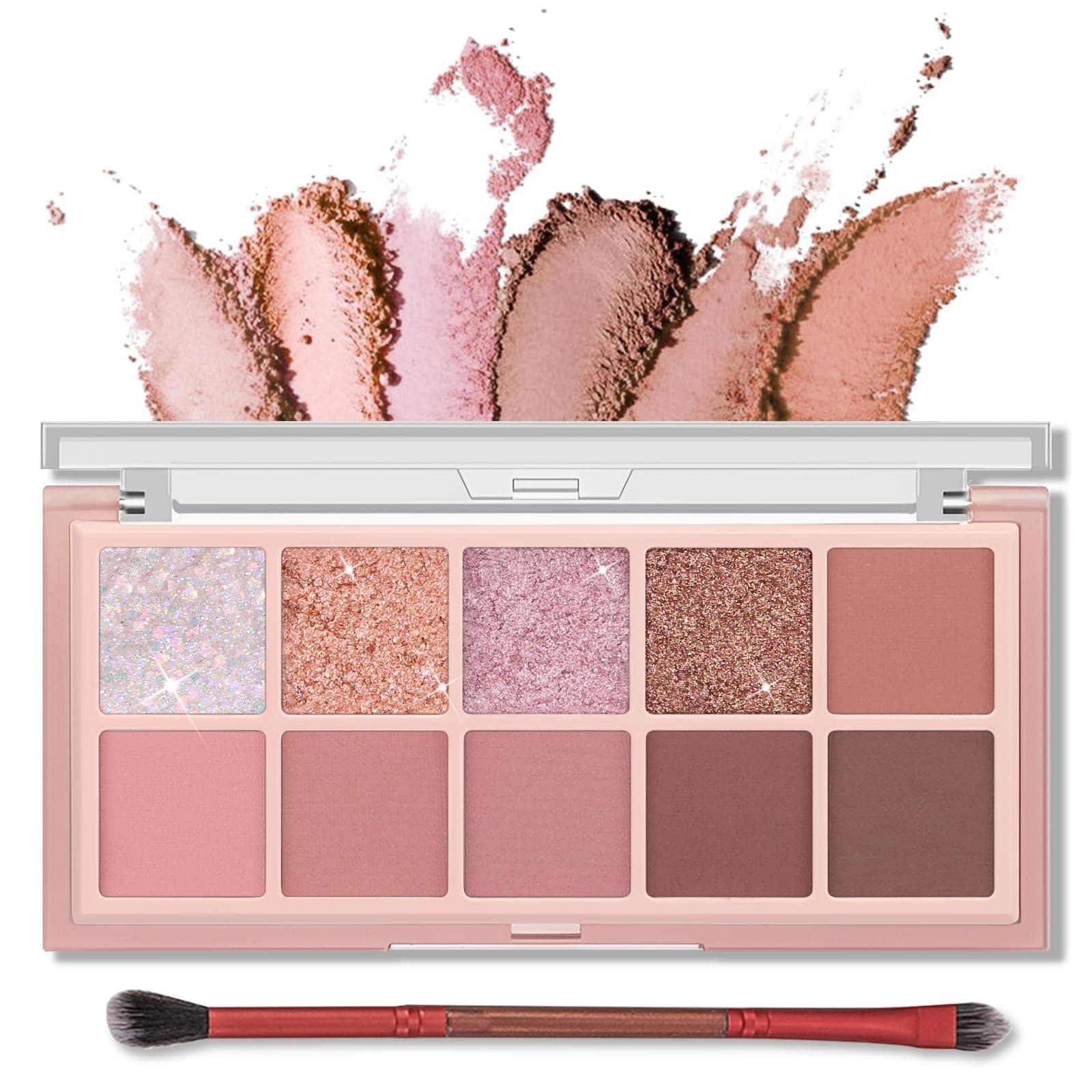 10 Colors Eyeshadow Palette Makeup - Matte Shimmer Glitter Eye Shadow, Natural-Looking Korean Eye Makeup, Ultra-Blendable, High Pigmented, Pink Eyeshadow Palette with Brush, Rose Pink