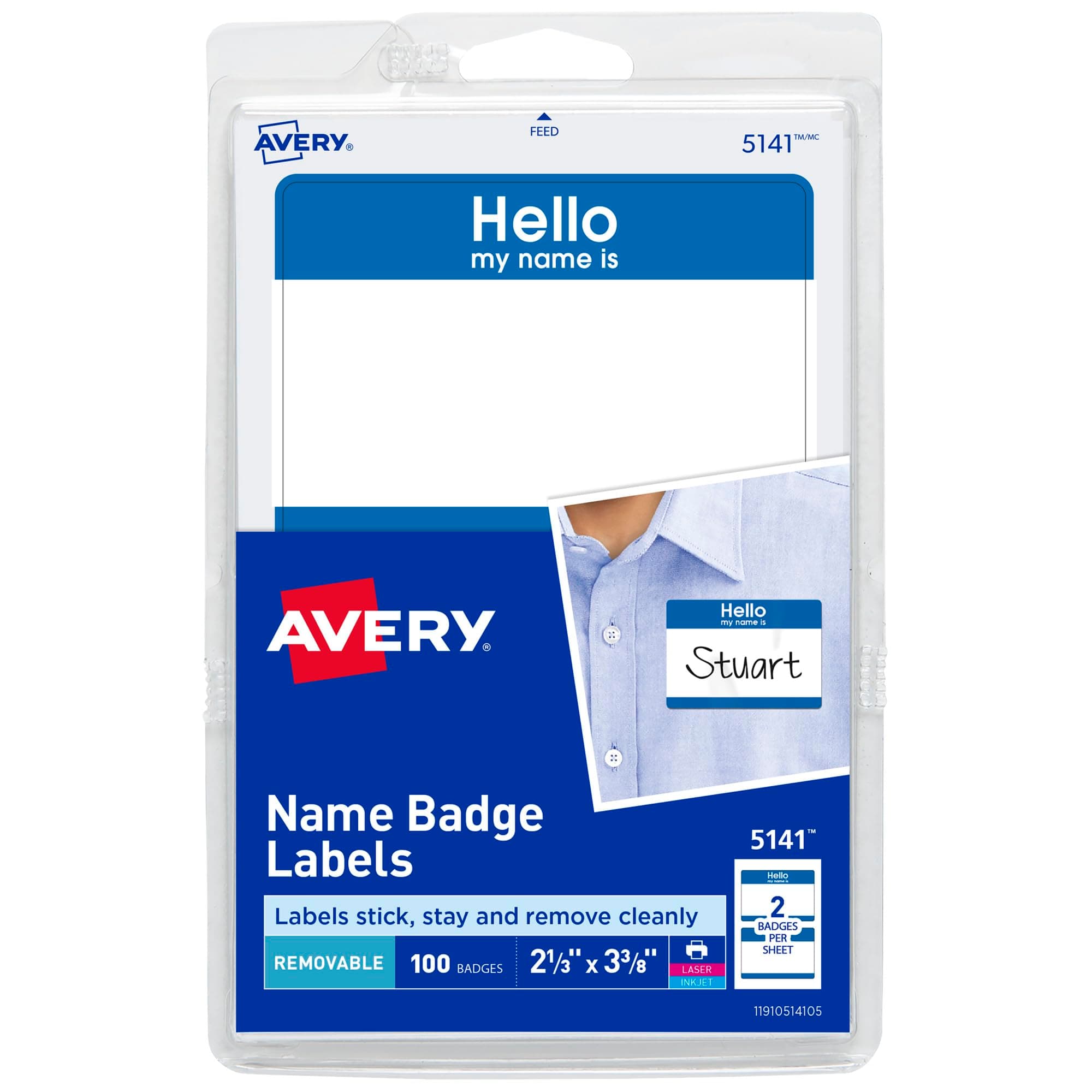 Avery Hello My Name Is Name Tags, White with Blue Border, 100 Removable Name Badges (05141)