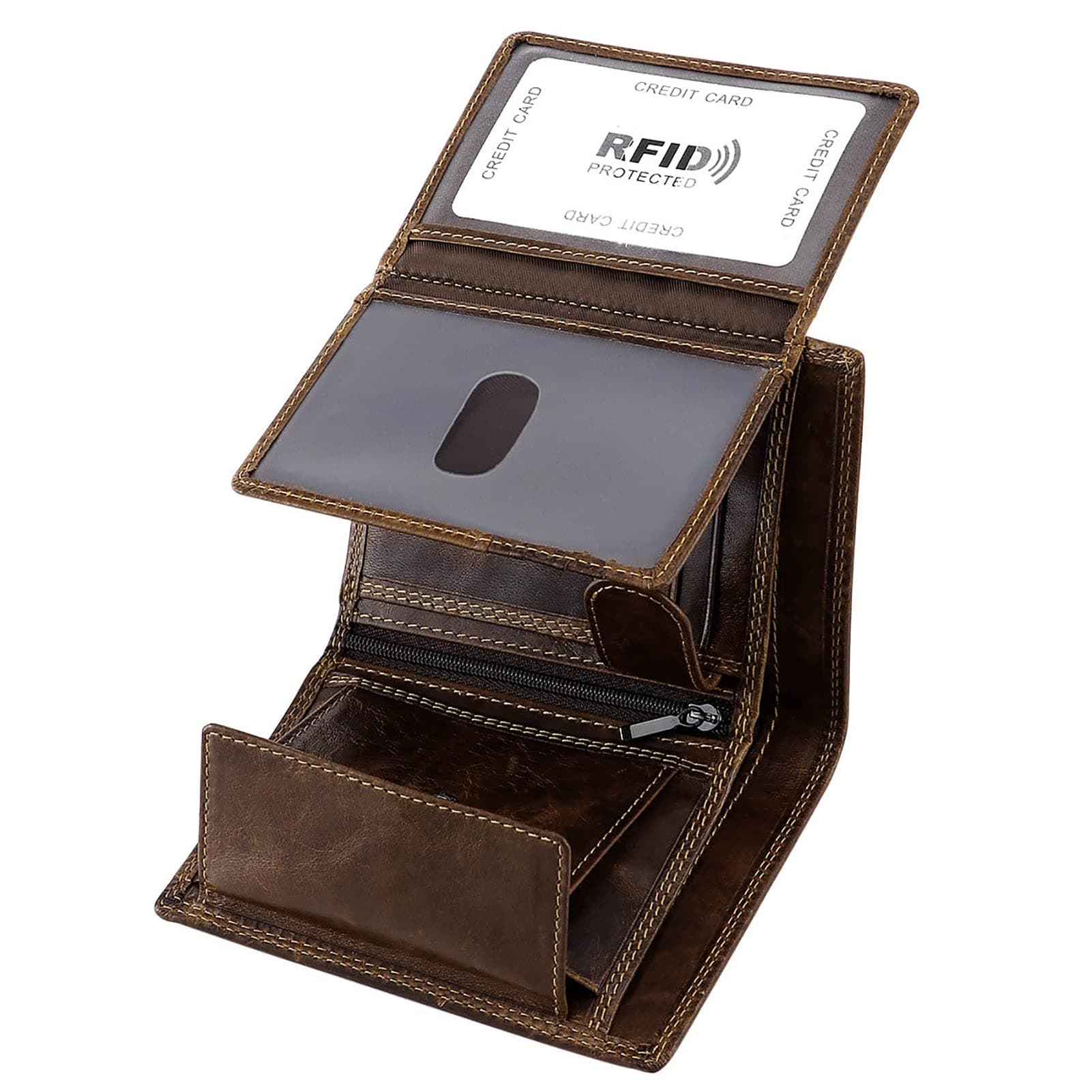 Trifold Billfold RFID Blocking Cowhide Leather Wallet for Men 10 Card Slots 2 ID Windows with Coin Pocket